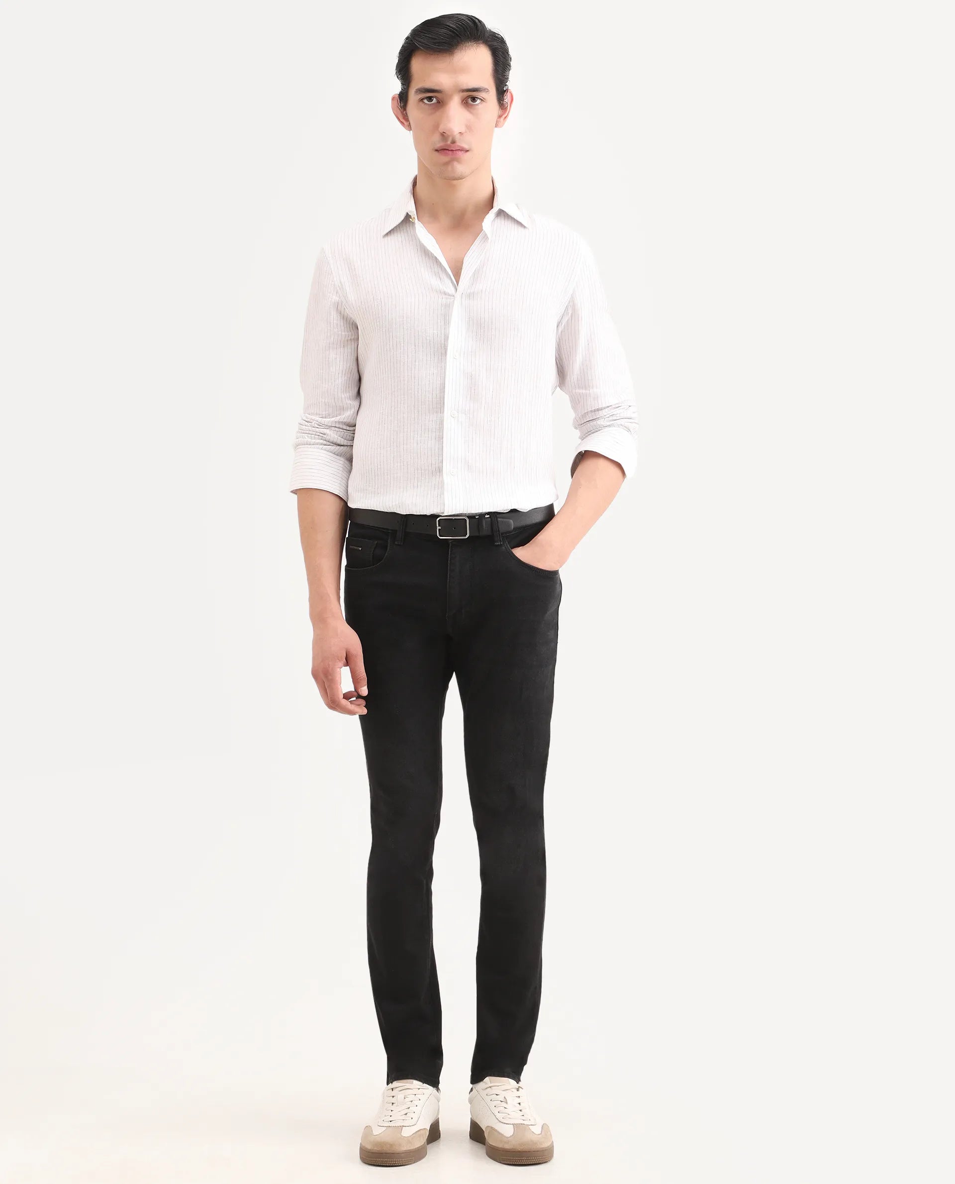 Rare Rabbit Men's Rivv Black Cotton Blend Fabric Hawk Slim Fit Plain Jeans