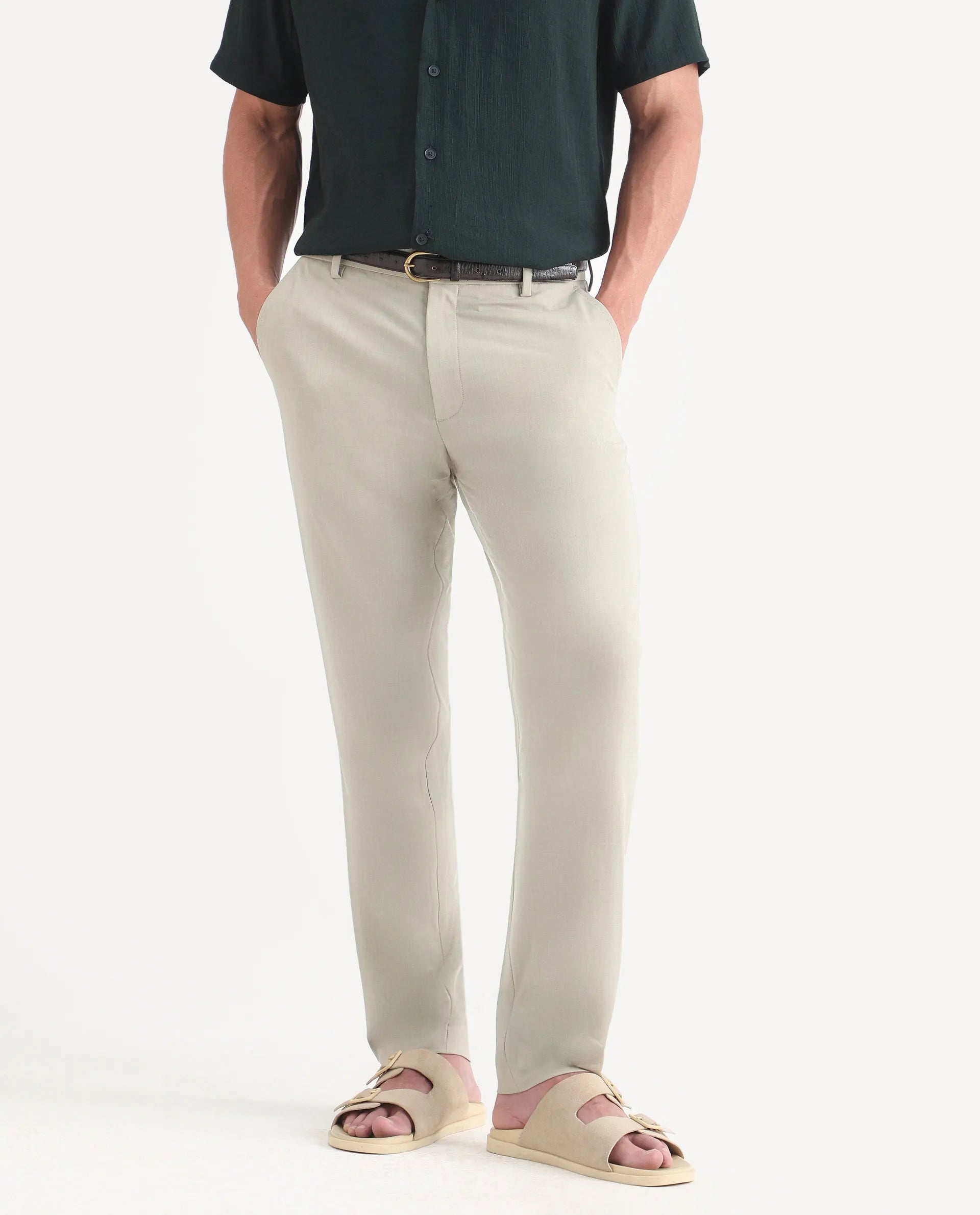Rare Rabbit Men's Arcade-Lite Pastel Beige Polyester Blend Fabric Regular Fit Plain Trouser