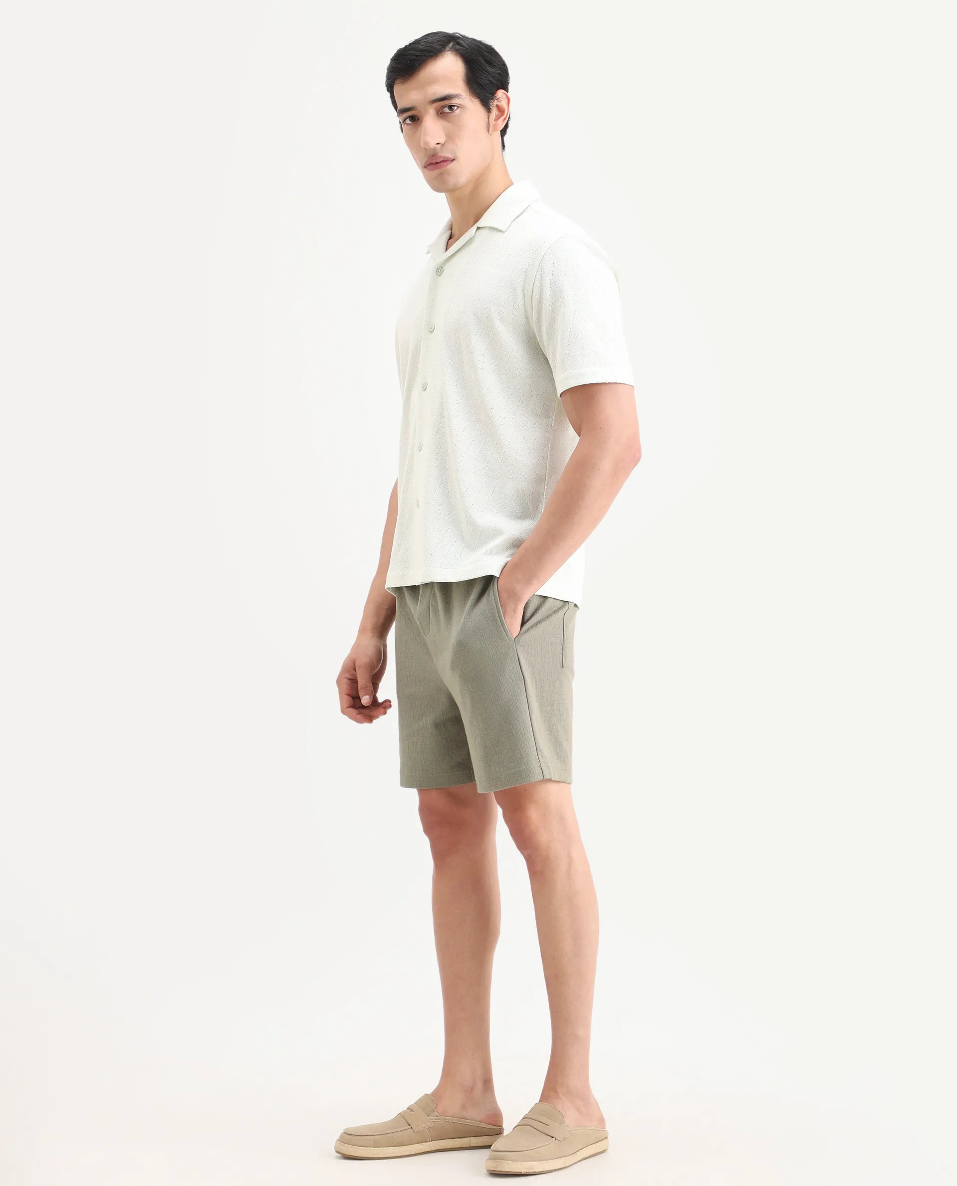 Rare Rabbit Men's Kelos-Sh26 Dusky Green Cotton Blend Fabric Regular Fit Plain Shorts