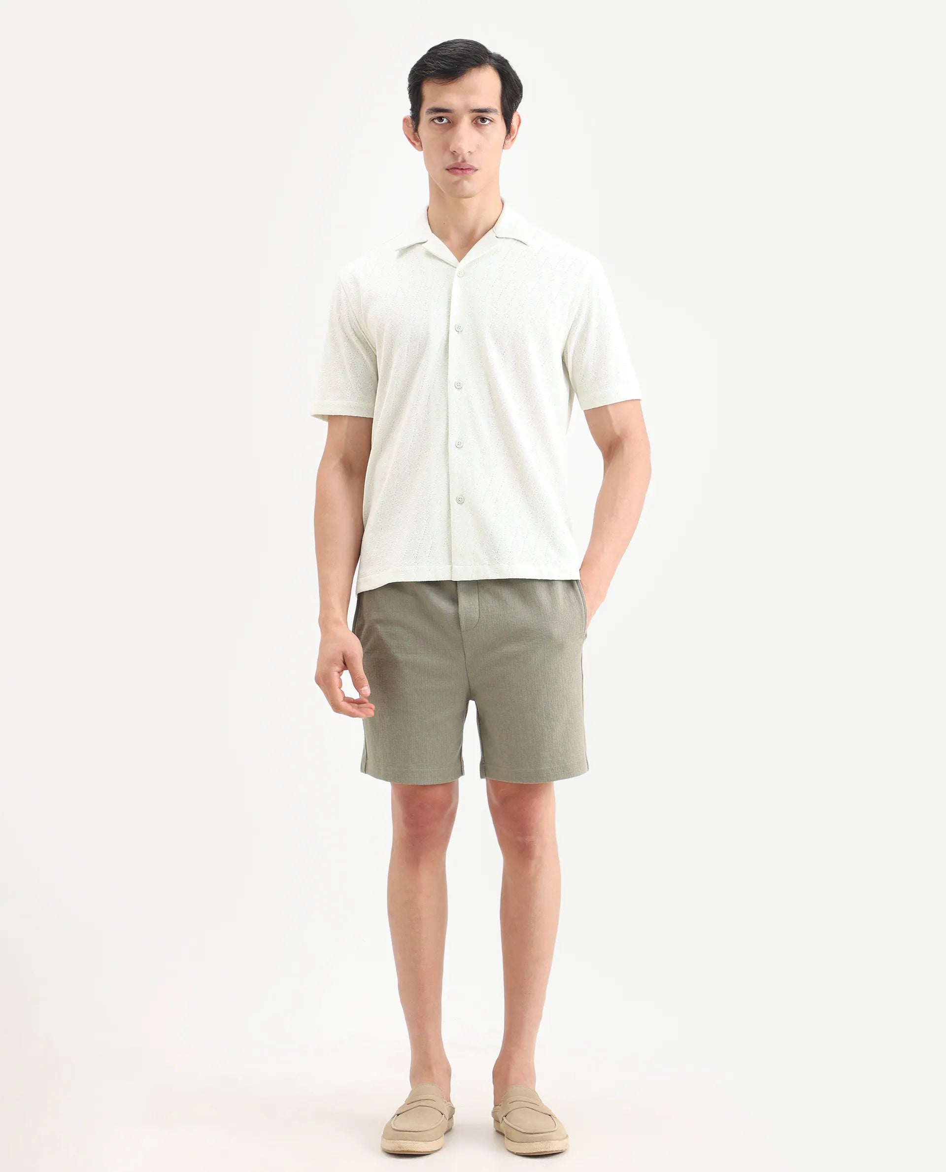Rare Rabbit Men's Kelos-Sh26 Dusky Green Cotton Blend Fabric Regular Fit Plain Shorts