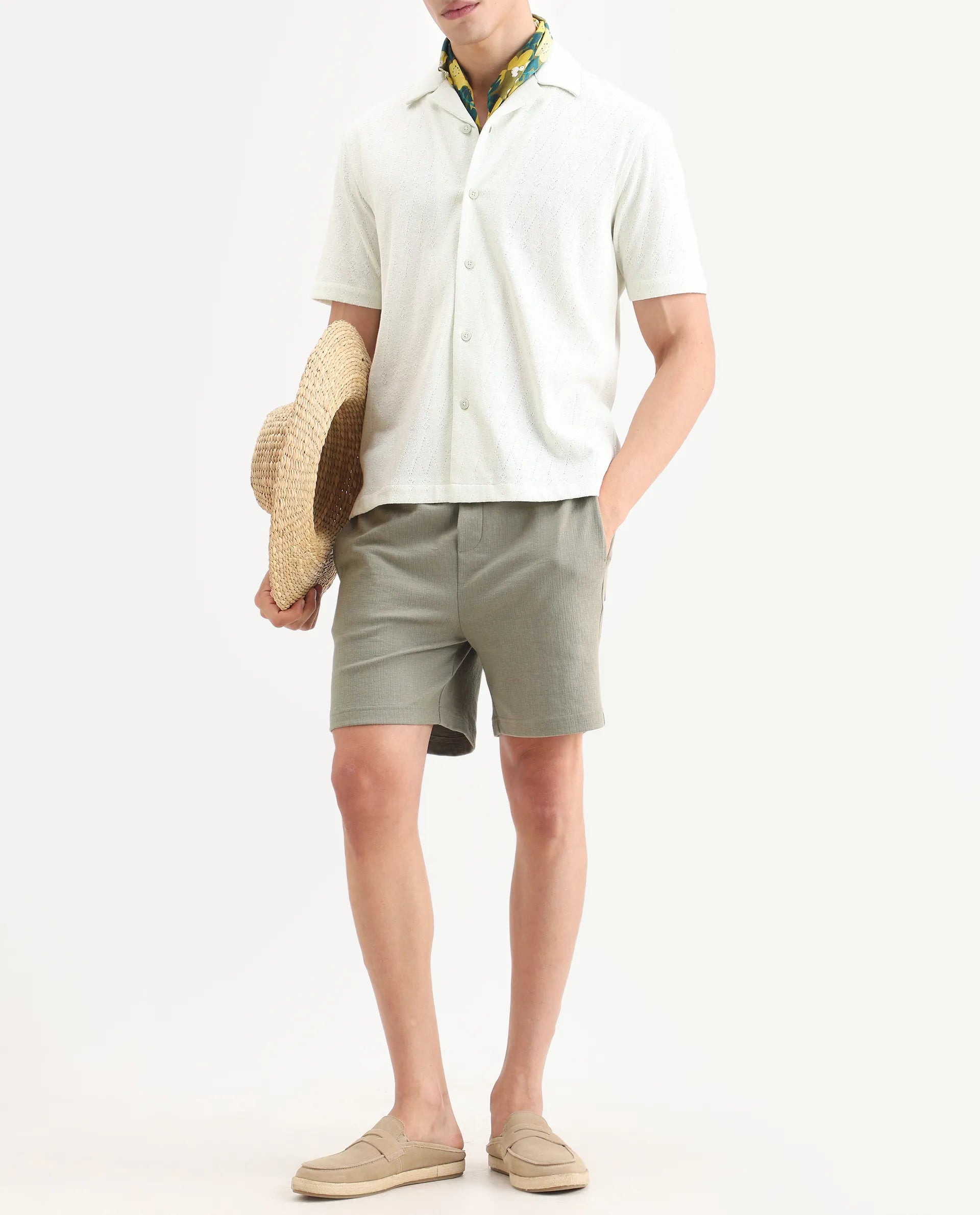 Rare Rabbit Men's Kelos-Sh26 Dusky Green Cotton Blend Fabric Regular Fit Plain Shorts