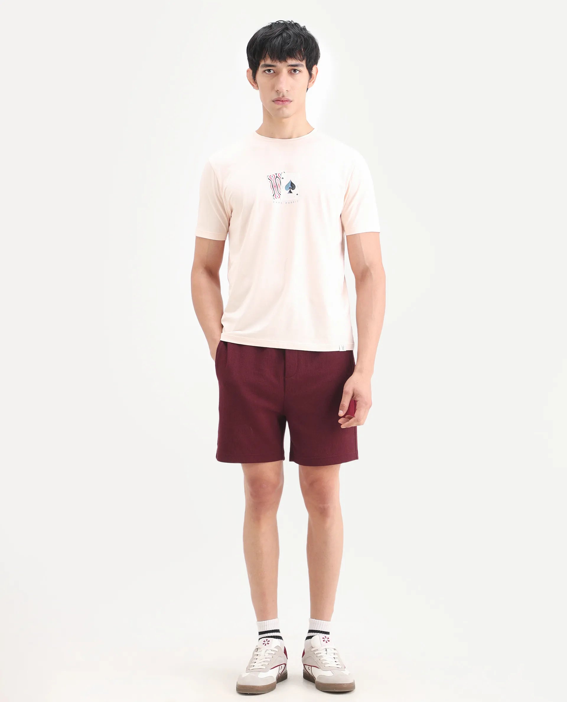 Rare Rabbit Men's Kelos-Sh26 Maroon Cotton Blend Fabric Regular Fit Plain Shorts