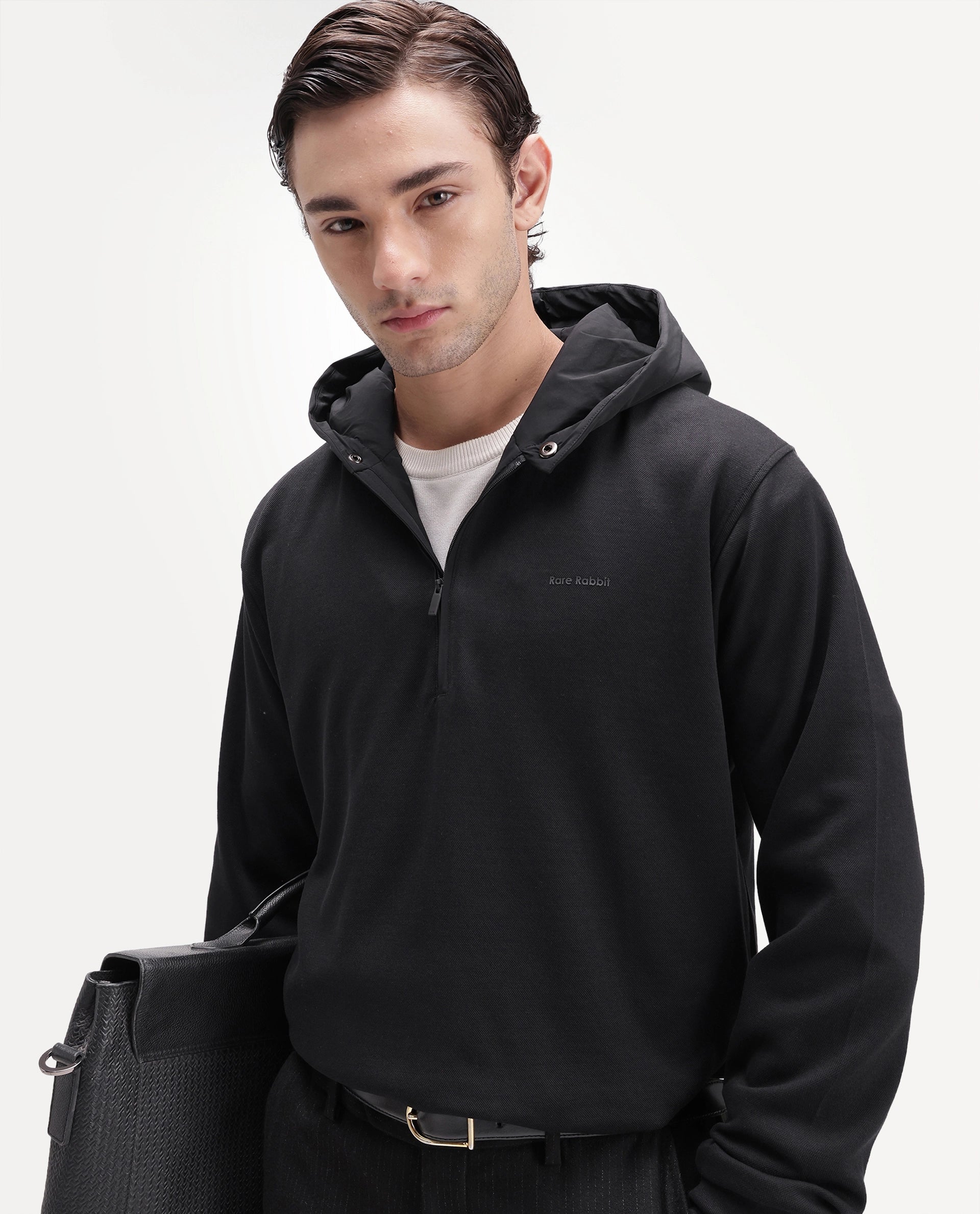 Rare Rabbit Men's Ephin-T-S26 Black Cotton Blend Fabric Full Sleeve Hooded Regular Fit Plain Sweatshirt