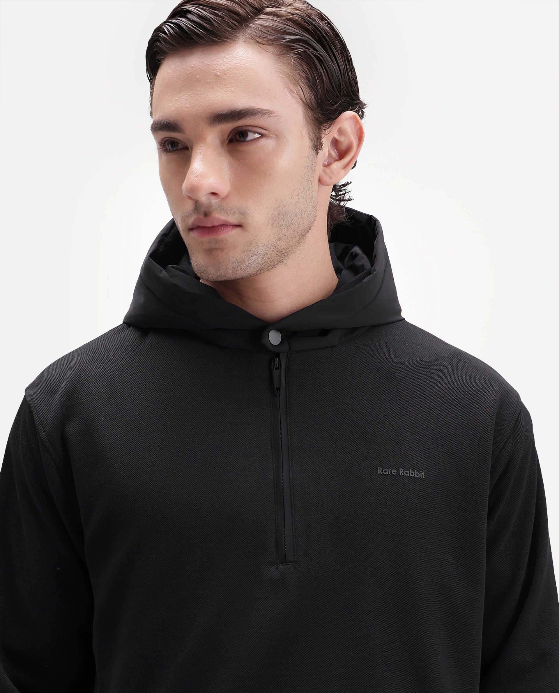 Rare Rabbit Men's Ephin-T-S26 Black Cotton Blend Fabric Full Sleeve Hooded Regular Fit Plain Sweatshirt