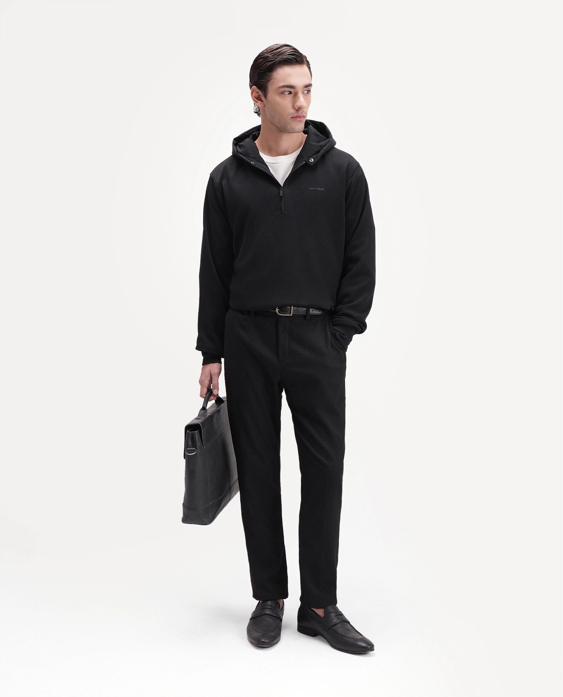 Rare Rabbit Men's Ephin-T-S26 Black Cotton Blend Fabric Full Sleeve Hooded Regular Fit Plain Sweatshirt