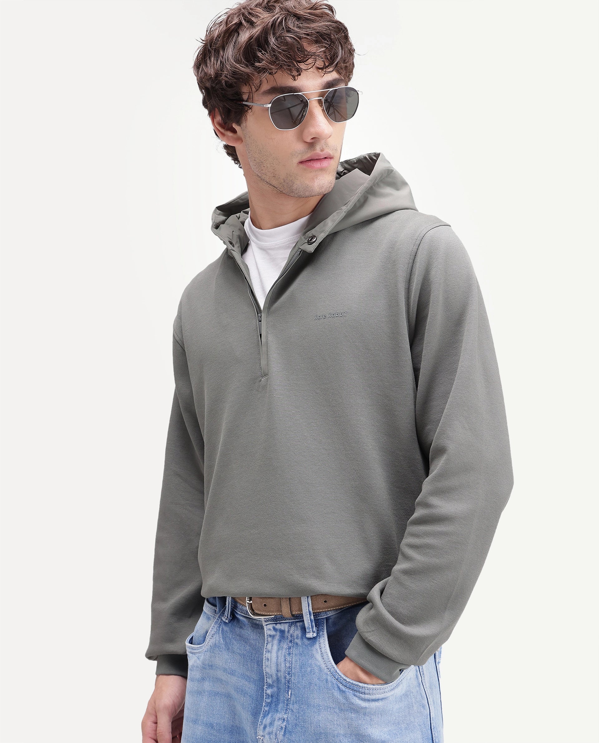 Rare Rabbit Men's Ephin-T-S26 Dark Olive Cotton Blend Fabric Full Sleeve Hooded Regular Fit Plain Sweatshirt