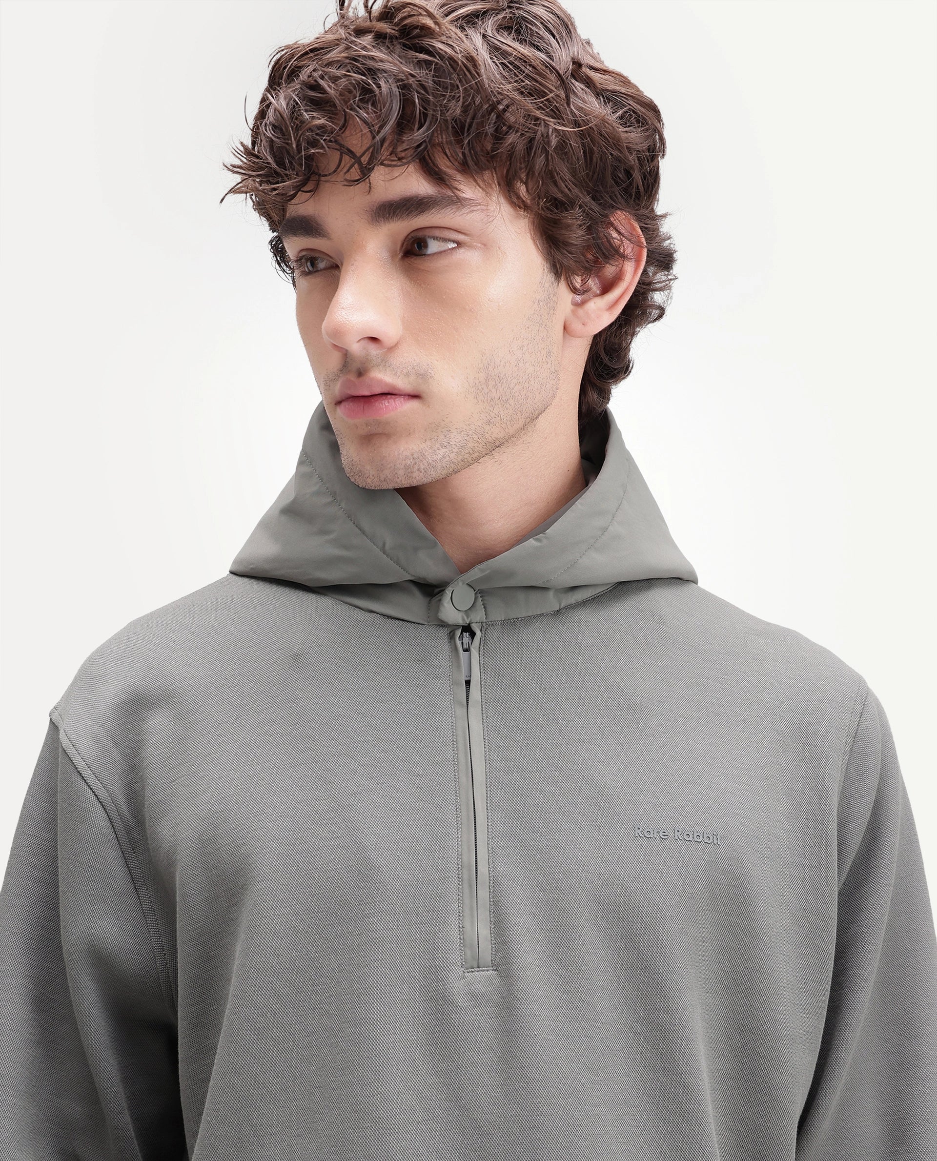 Rare Rabbit Men's Ephin-T-S26 Dark Olive Cotton Blend Fabric Full Sleeve Hooded Regular Fit Plain Sweatshirt