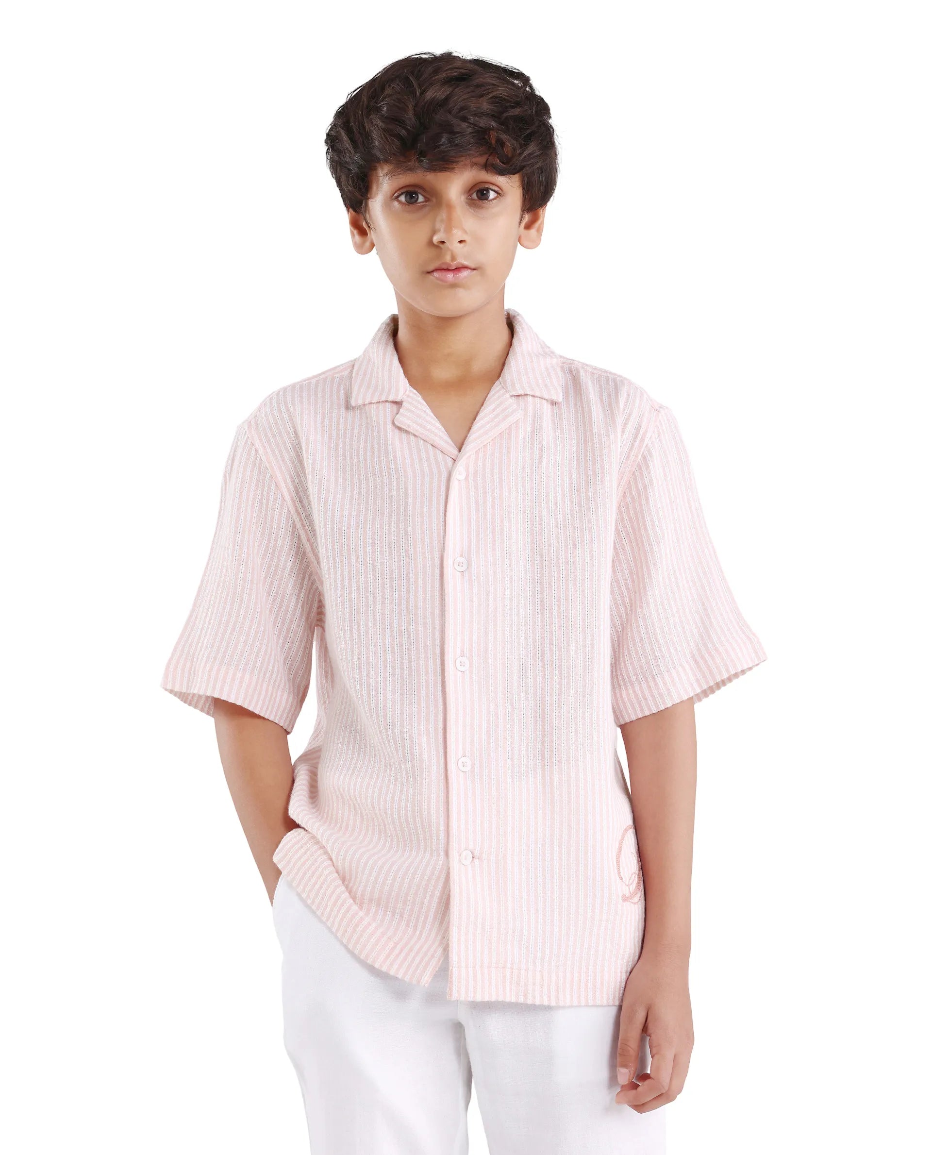 Rare Ones Kids Clyd-S Pastel Pink Linen Blend Button Closure Boxy Fit Shirt