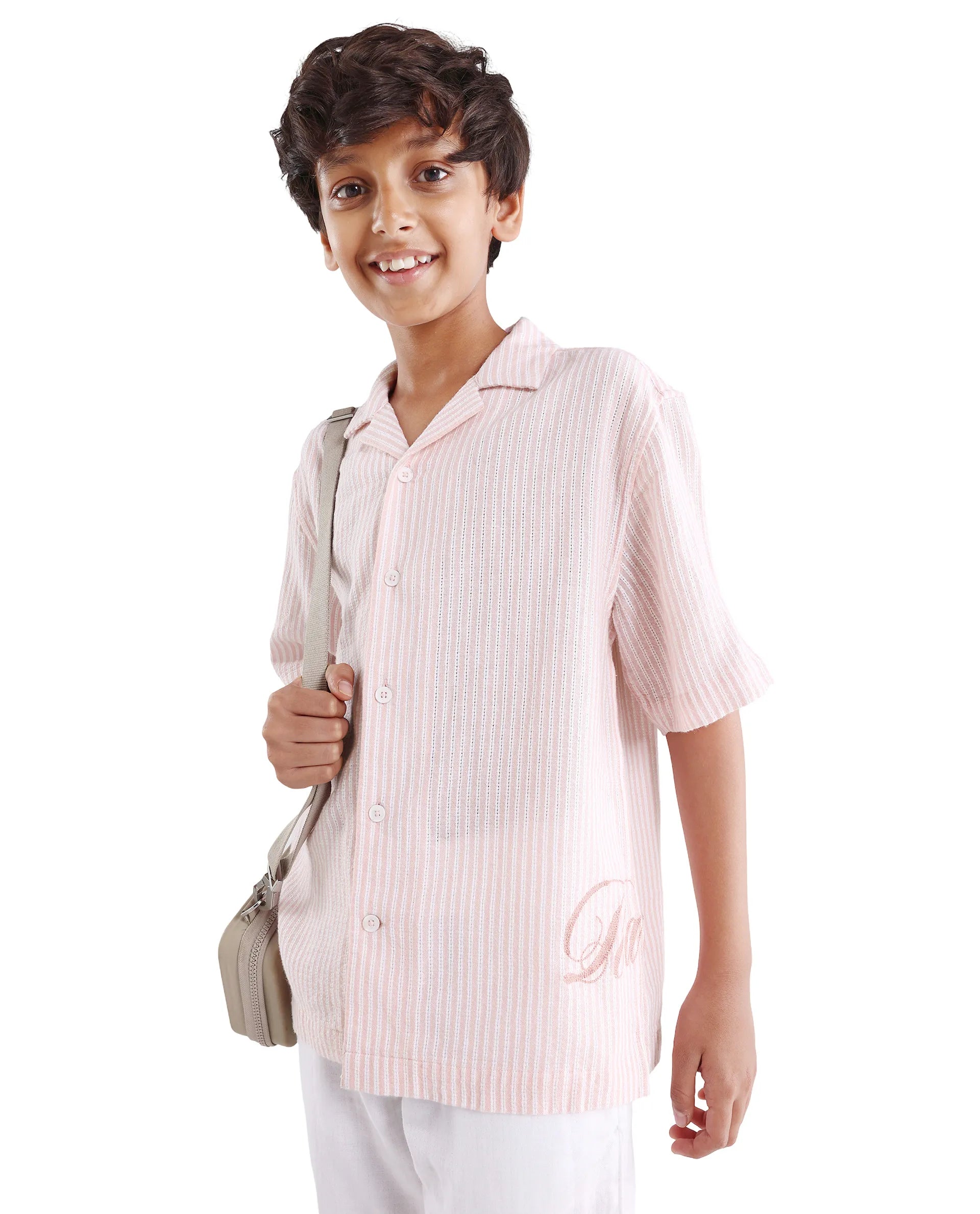Rare Ones Kids Clyd-S Pastel Pink Linen Blend Button Closure Boxy Fit Shirt