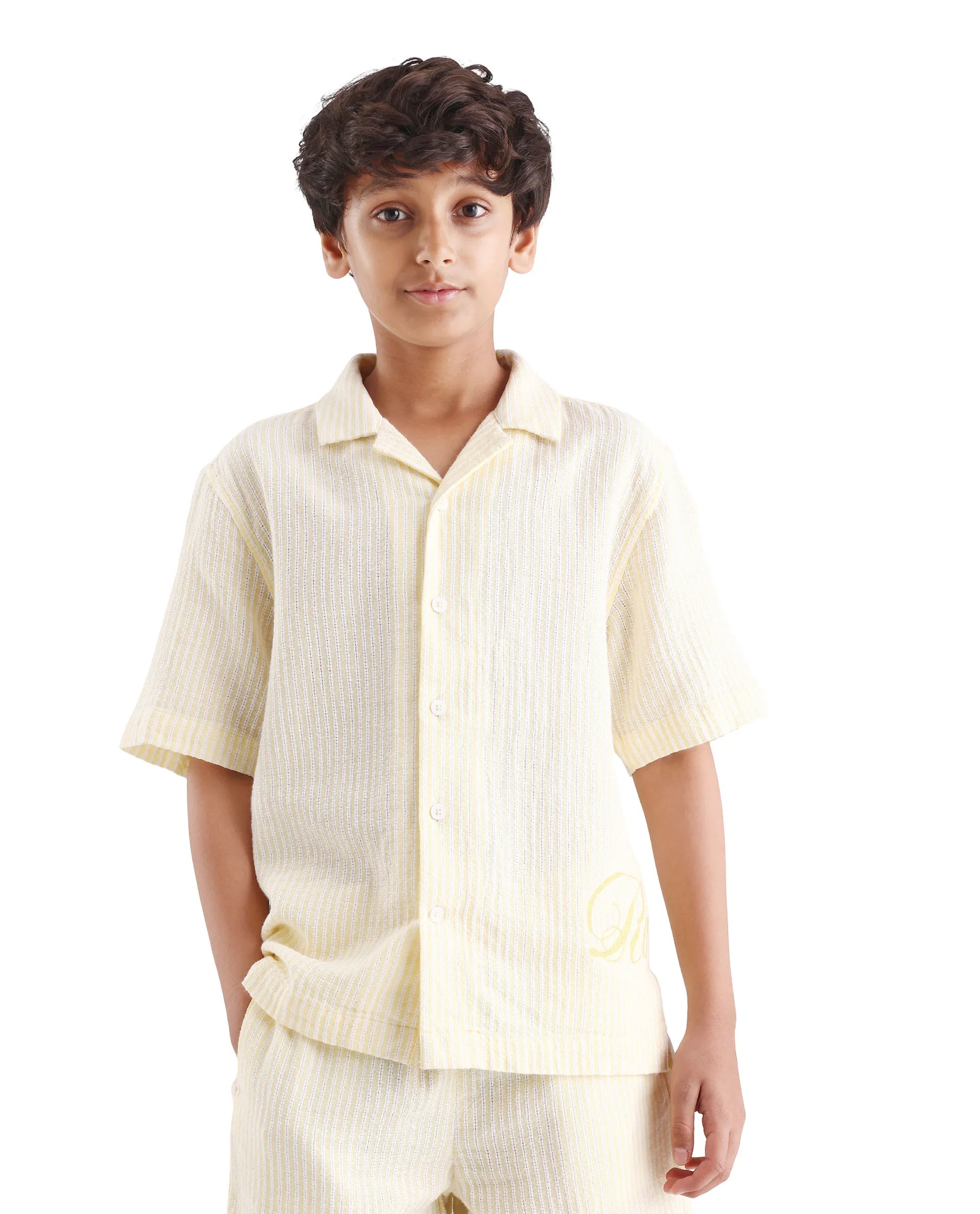 Rare Ones Kids Clyd-S Yellow Linen Blend Button Closure Boxy Fit Shirt