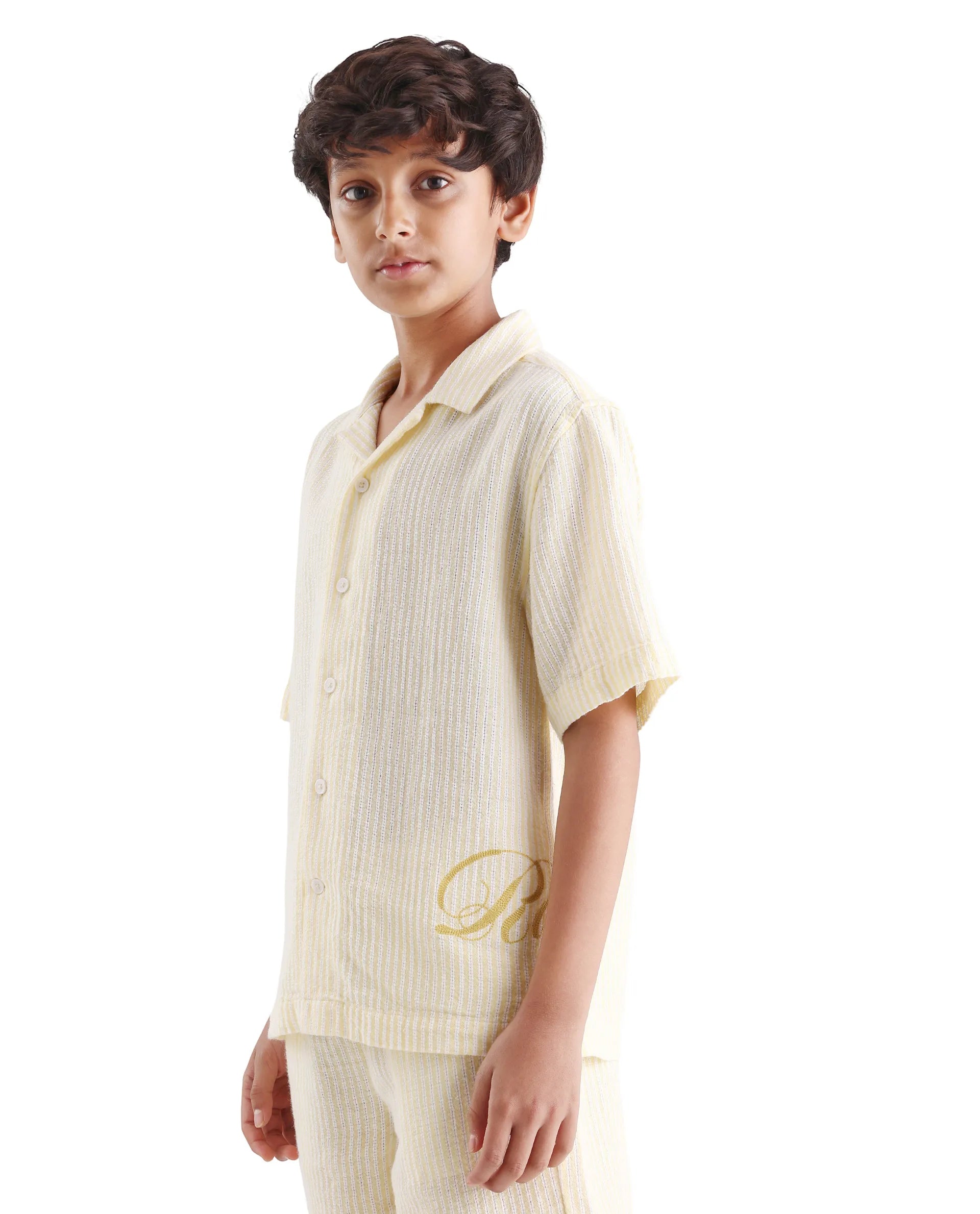 Rare Ones Kids Clyd-S Yellow Linen Blend Button Closure Boxy Fit Shirt