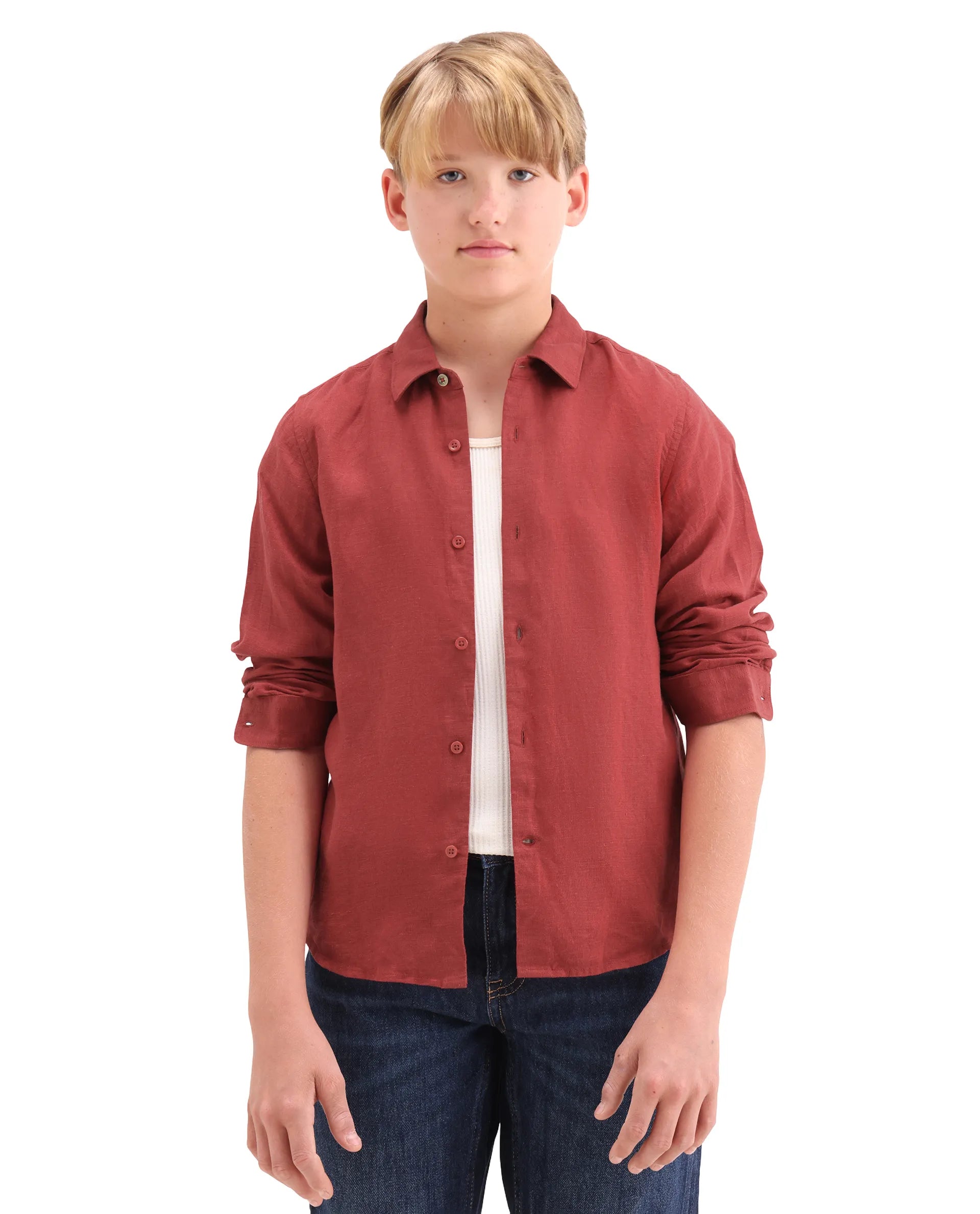 Rare Ones Kids Lino-Fs Red Linen Blend Button Closure Regular Fit Shirt