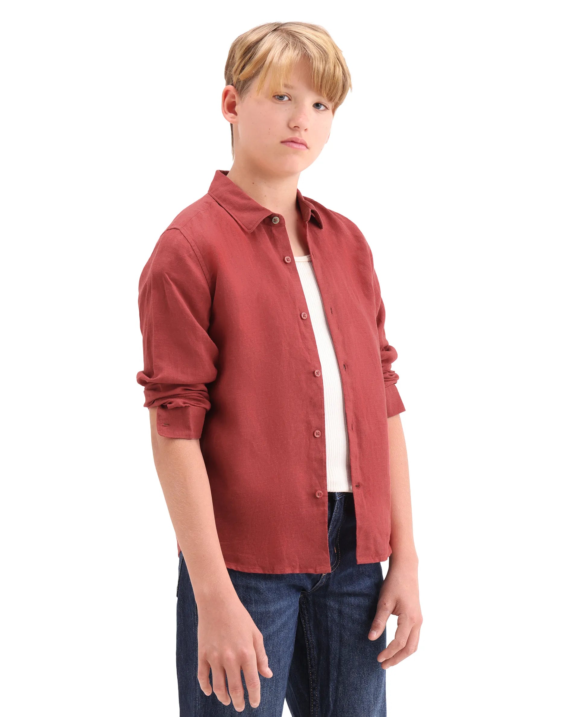 Rare Ones Kids Lino-Fs Red Linen Blend Button Closure Regular Fit Shirt