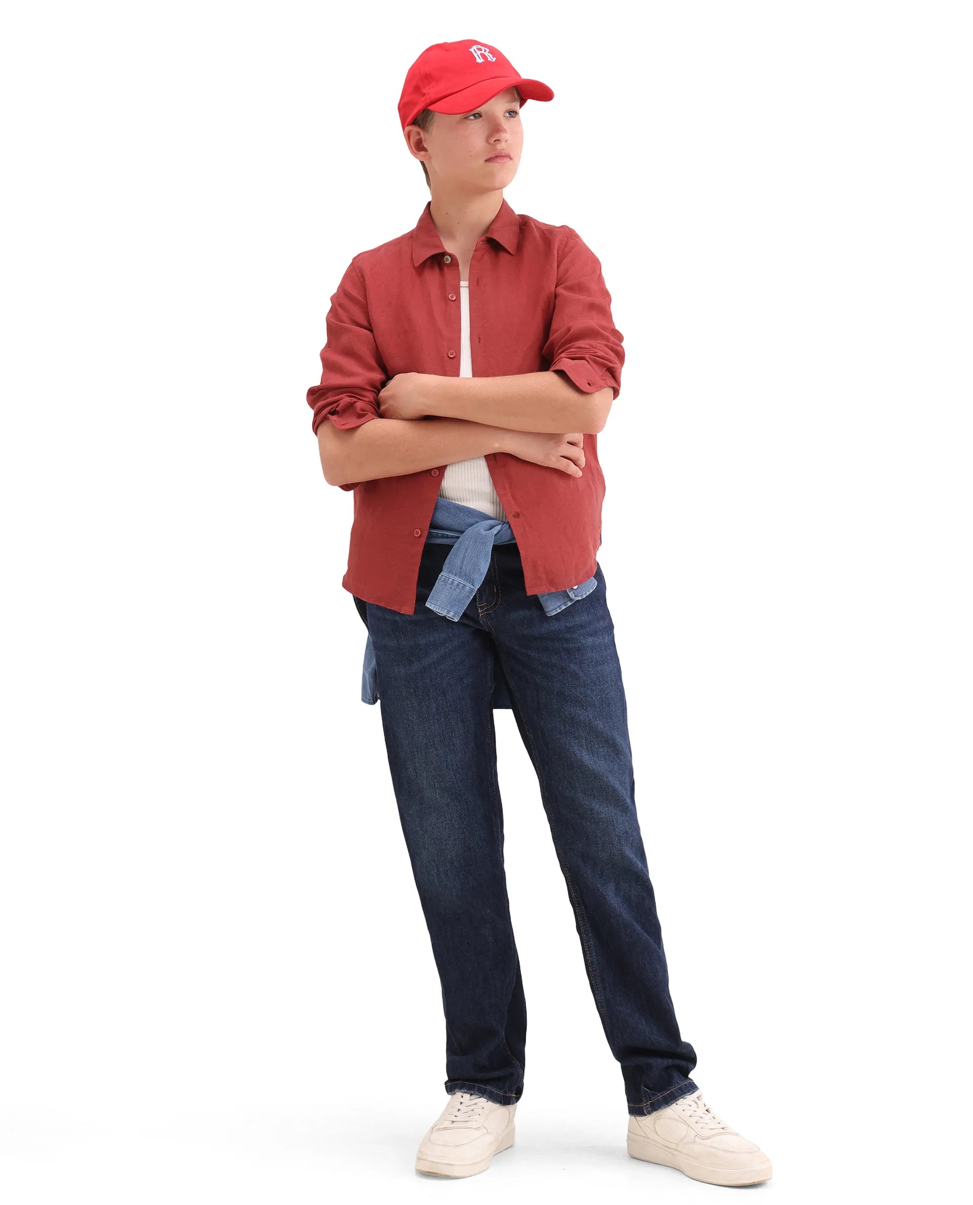 Rare Ones Kids Lino-Fs Red Linen Blend Button Closure Regular Fit Shirt