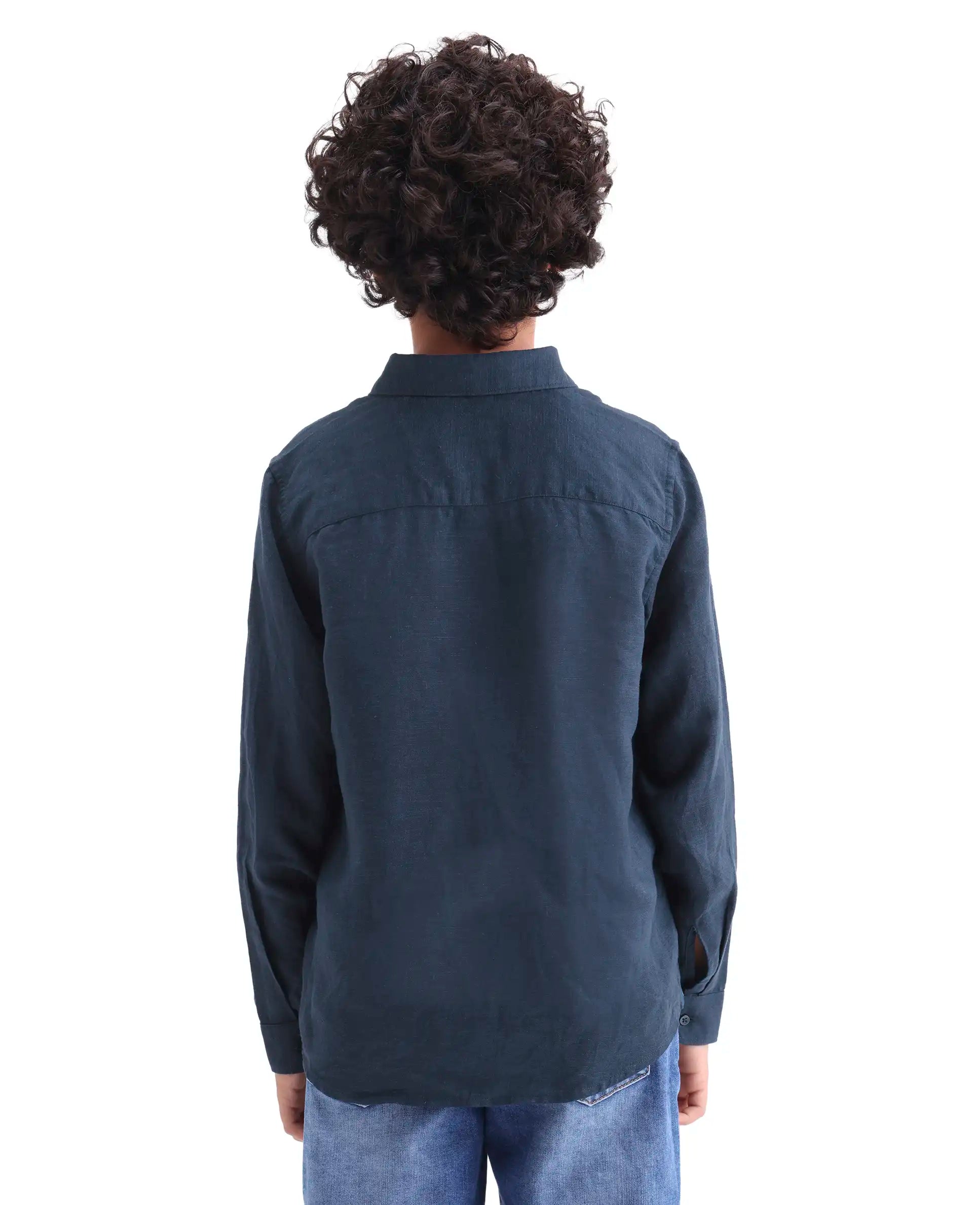 Rare Ones Kids Lino-Fs Dark Navy Linen Blend Button Closure Regular Fit Shirt