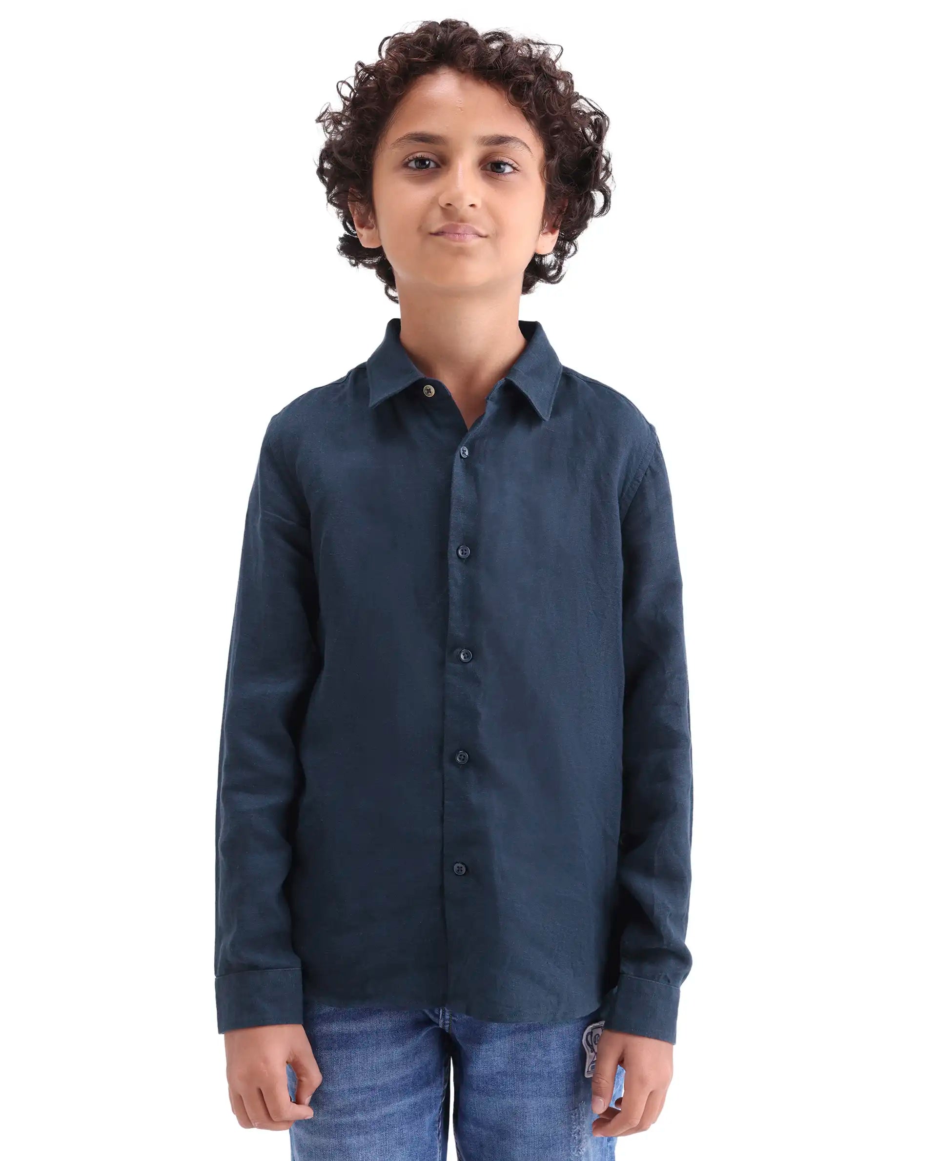 Rare Ones Kids Lino-Fs Dark Navy Linen Blend Button Closure Regular Fit Shirt