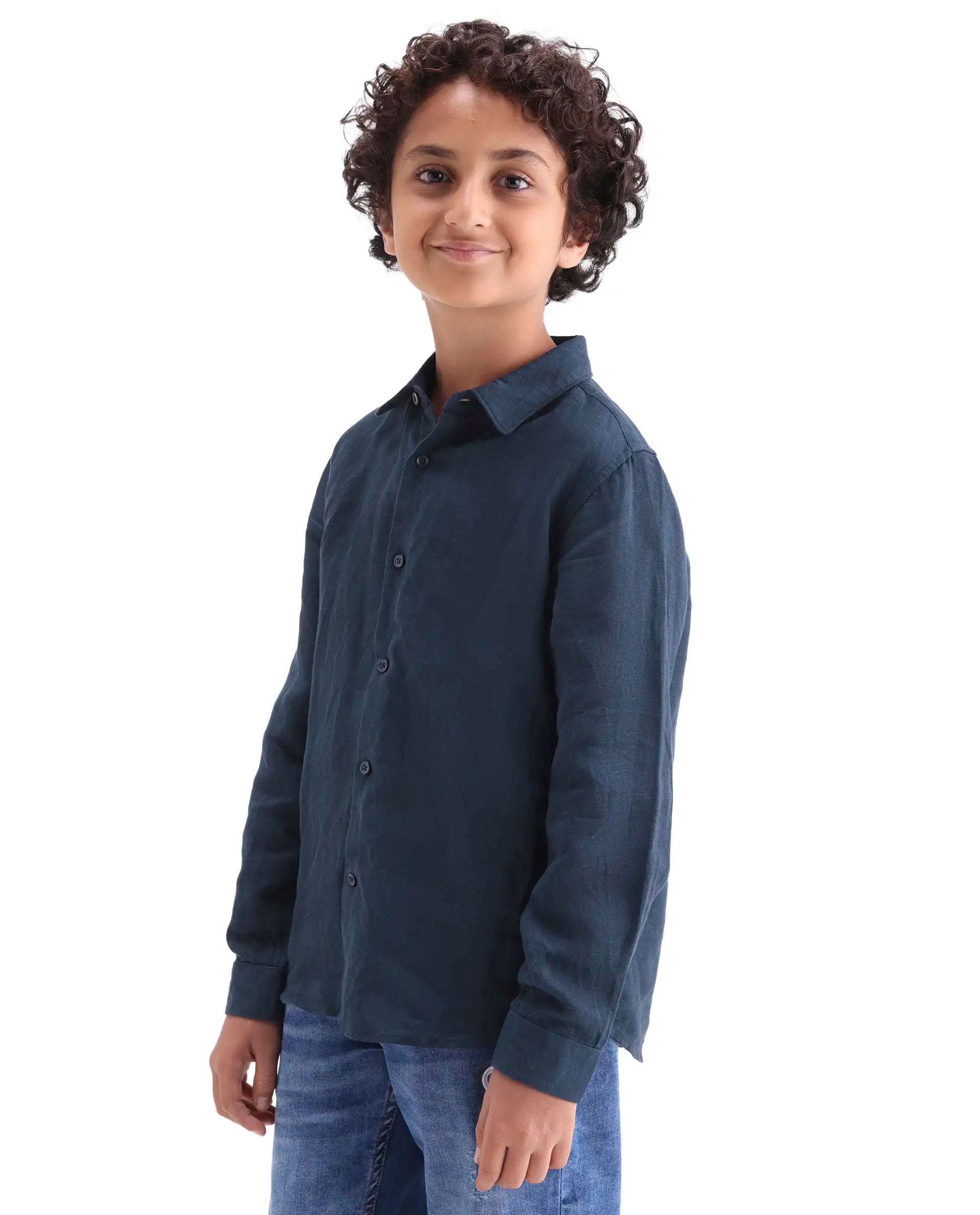 Rare Ones Kids Lino-Fs Dark Navy Linen Blend Button Closure Regular Fit Shirt