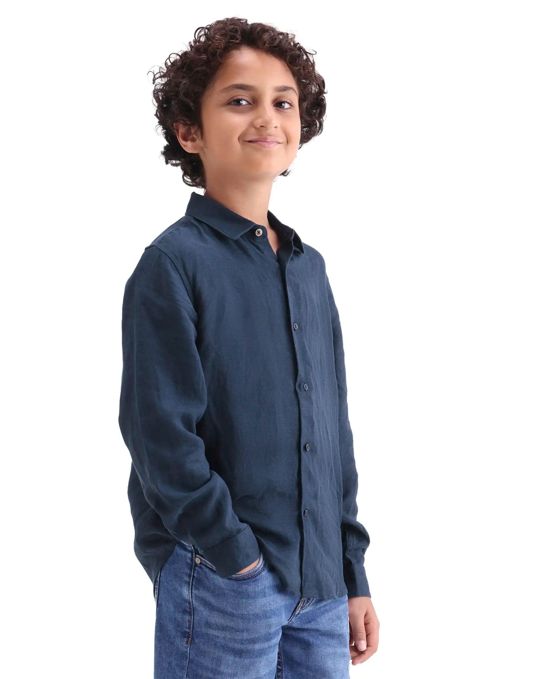 Rare Ones Kids Lino-Fs Dark Navy Linen Blend Button Closure Regular Fit Shirt