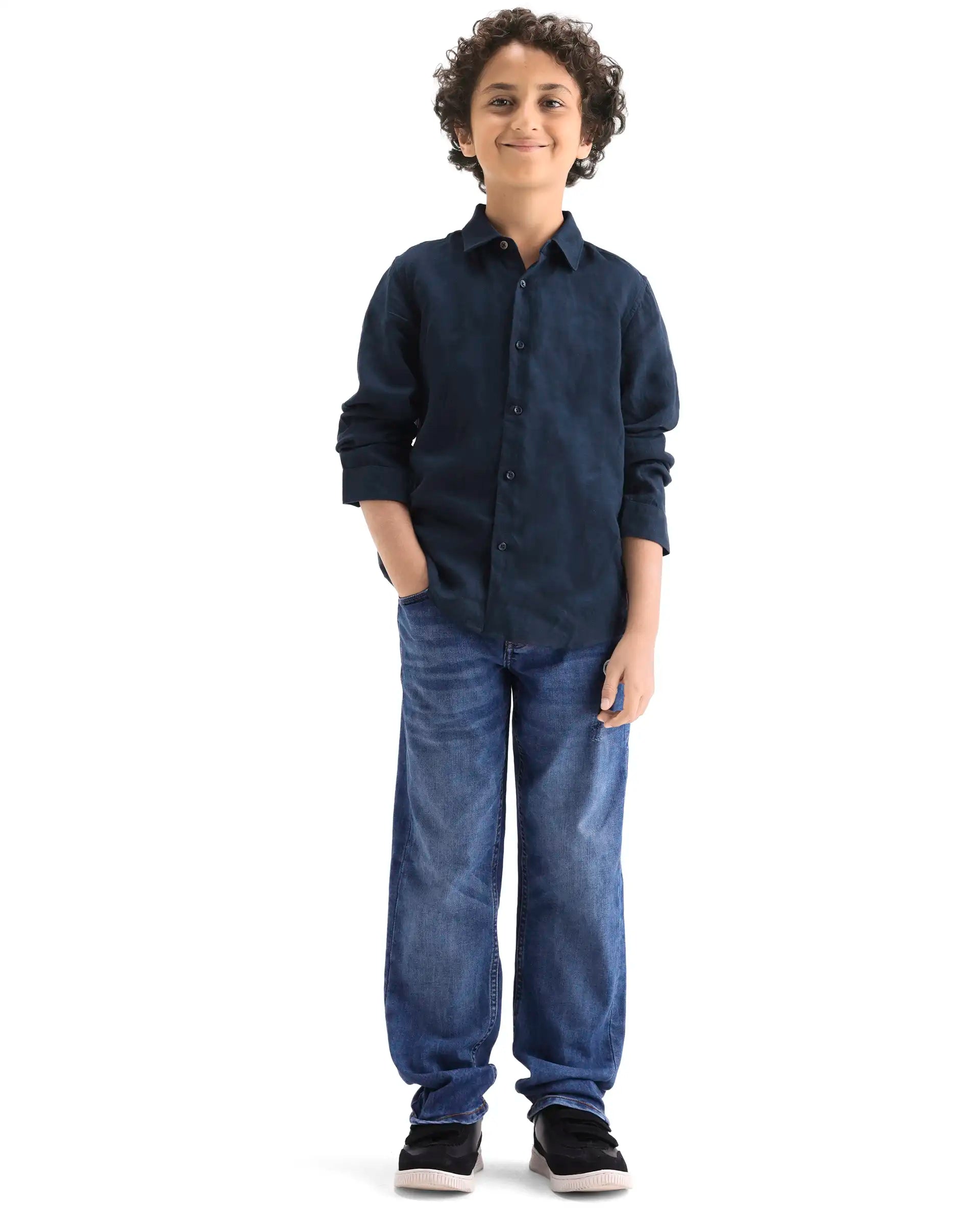 Rare Ones Kids Lino-Fs Dark Navy Linen Blend Button Closure Regular Fit Shirt