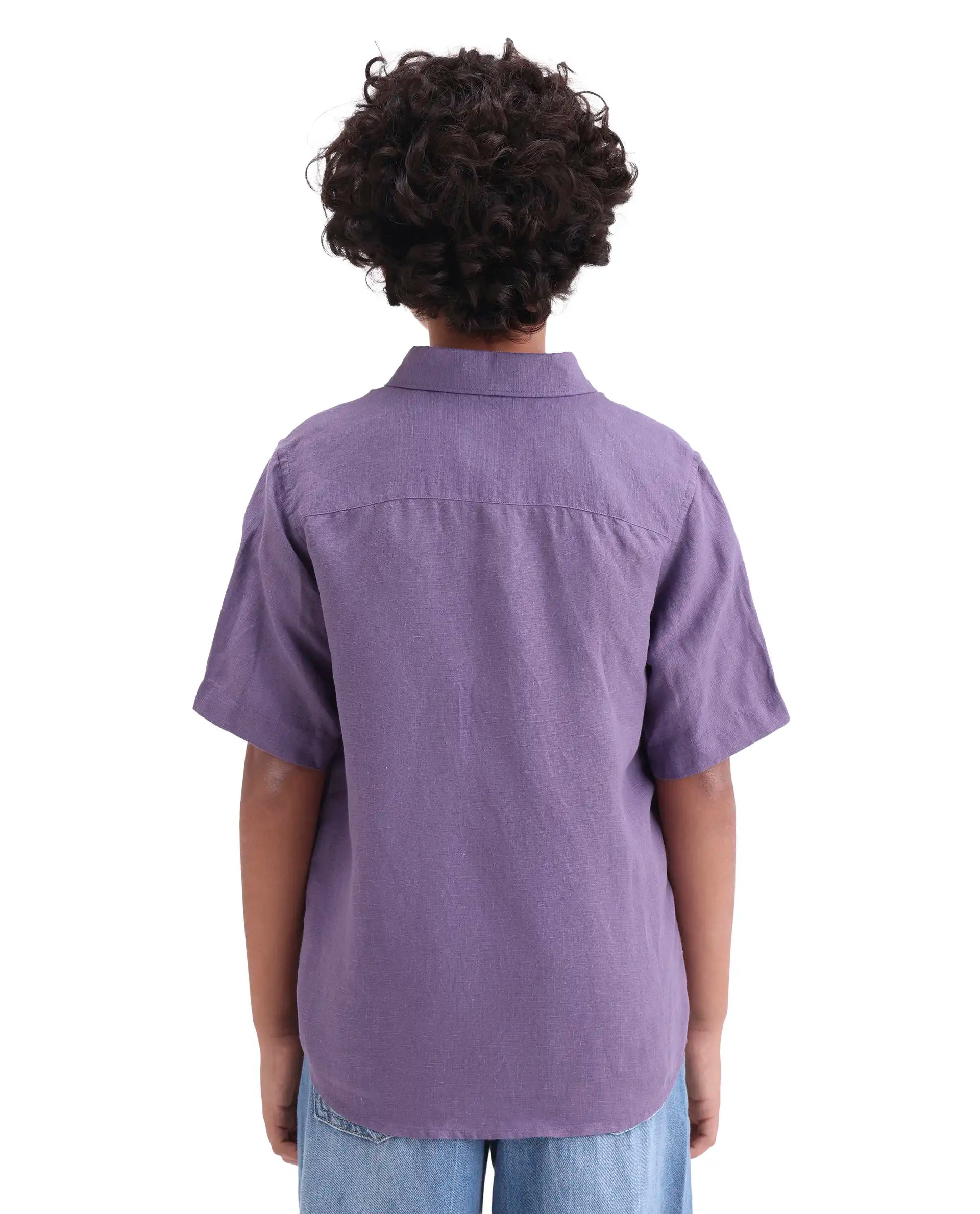 Rare Ones Kids Lino-Hs Purple Linen Blend Button Closure Regular Fit Shirt