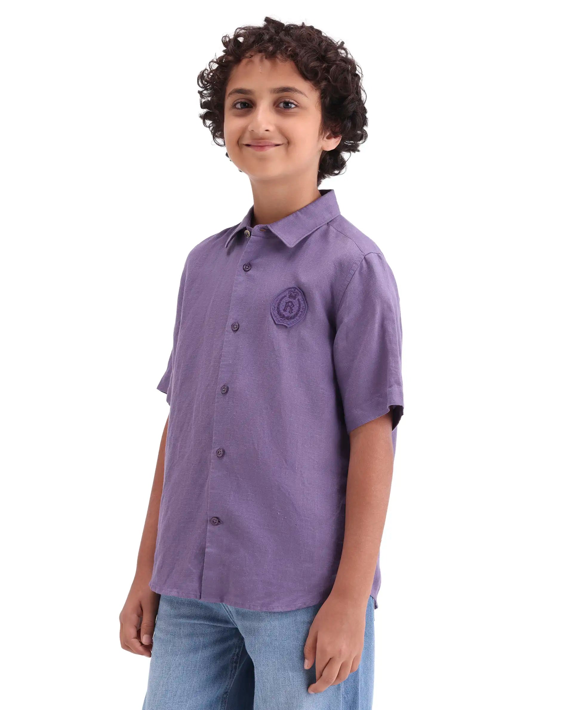 Rare Ones Kids Lino-Hs Purple Linen Blend Button Closure Regular Fit Shirt