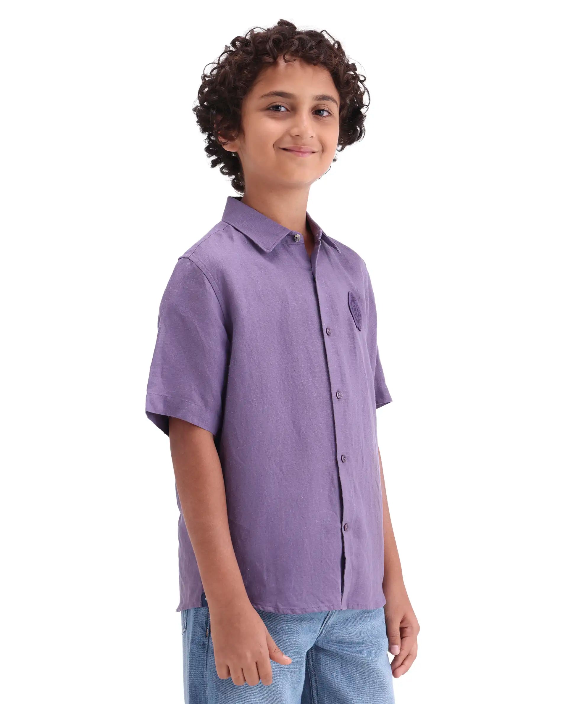 Rare Ones Kids Lino-Hs Purple Linen Blend Button Closure Regular Fit Shirt