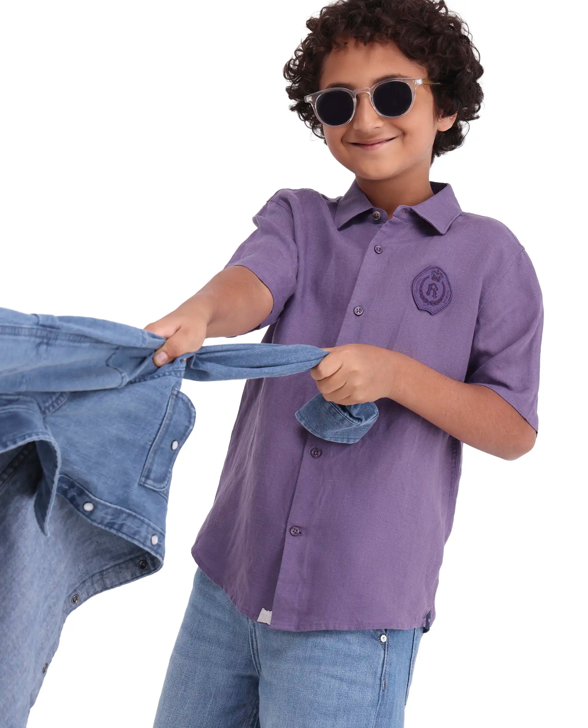 Rare Ones Kids Lino-Hs Purple Linen Blend Button Closure Regular Fit Shirt