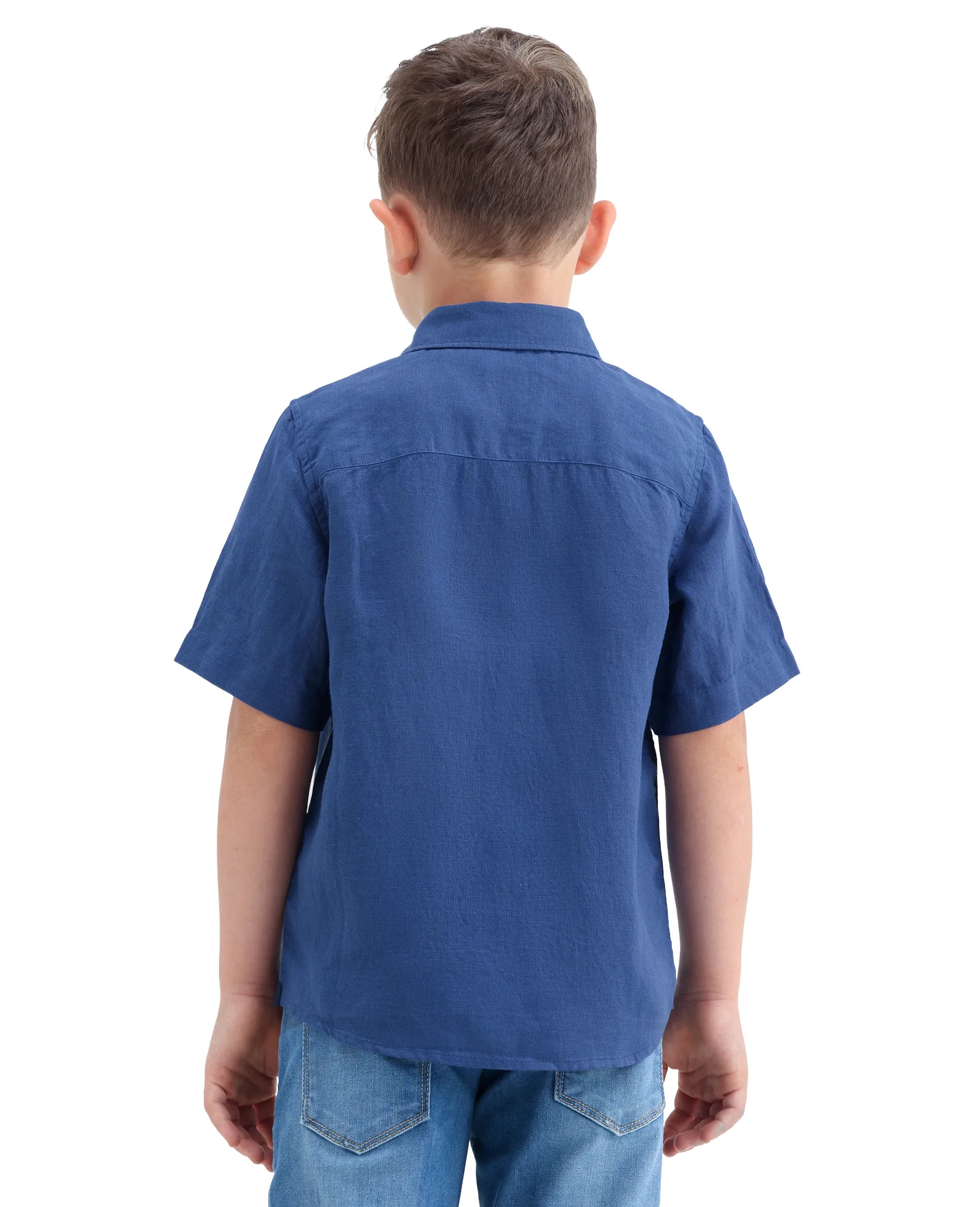 Rare Ones Kids Lino-Hs Blue Linen Blend Button Closure Regular Fit Shirt