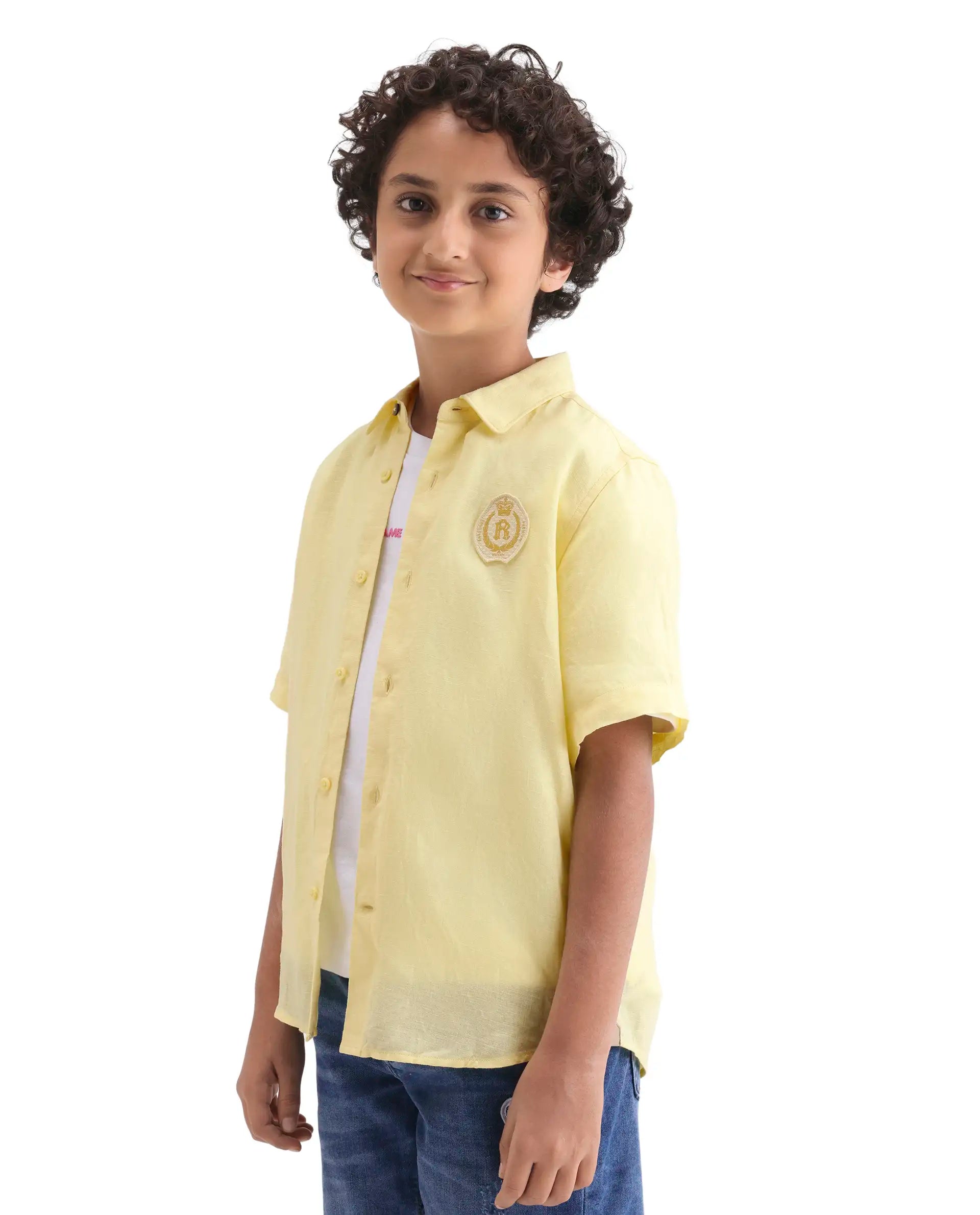 Rare Ones Kids Lino-Hs Yellow Linen Blend Button Closure Regular Fit Shirt