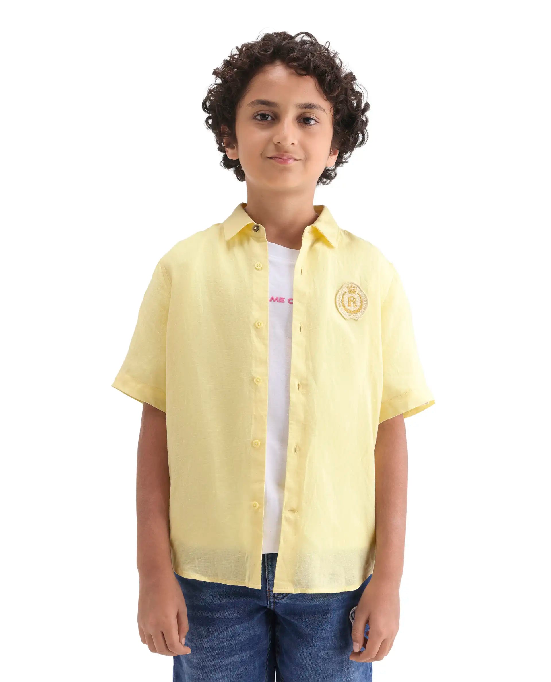 Rare Ones Kids Lino-Hs Yellow Linen Blend Button Closure Regular Fit Shirt