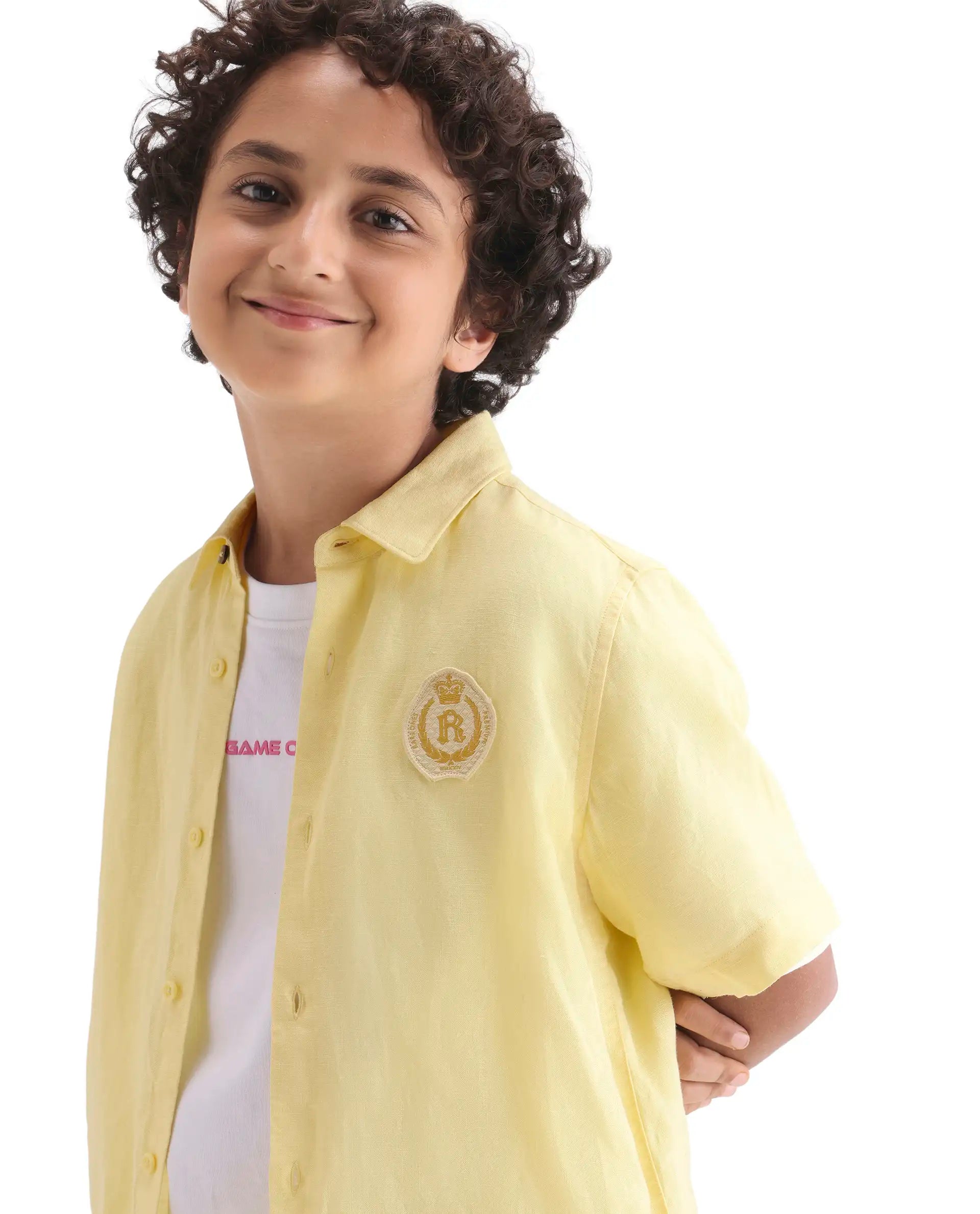 Rare Ones Kids Lino-Hs Yellow Linen Blend Button Closure Regular Fit Shirt