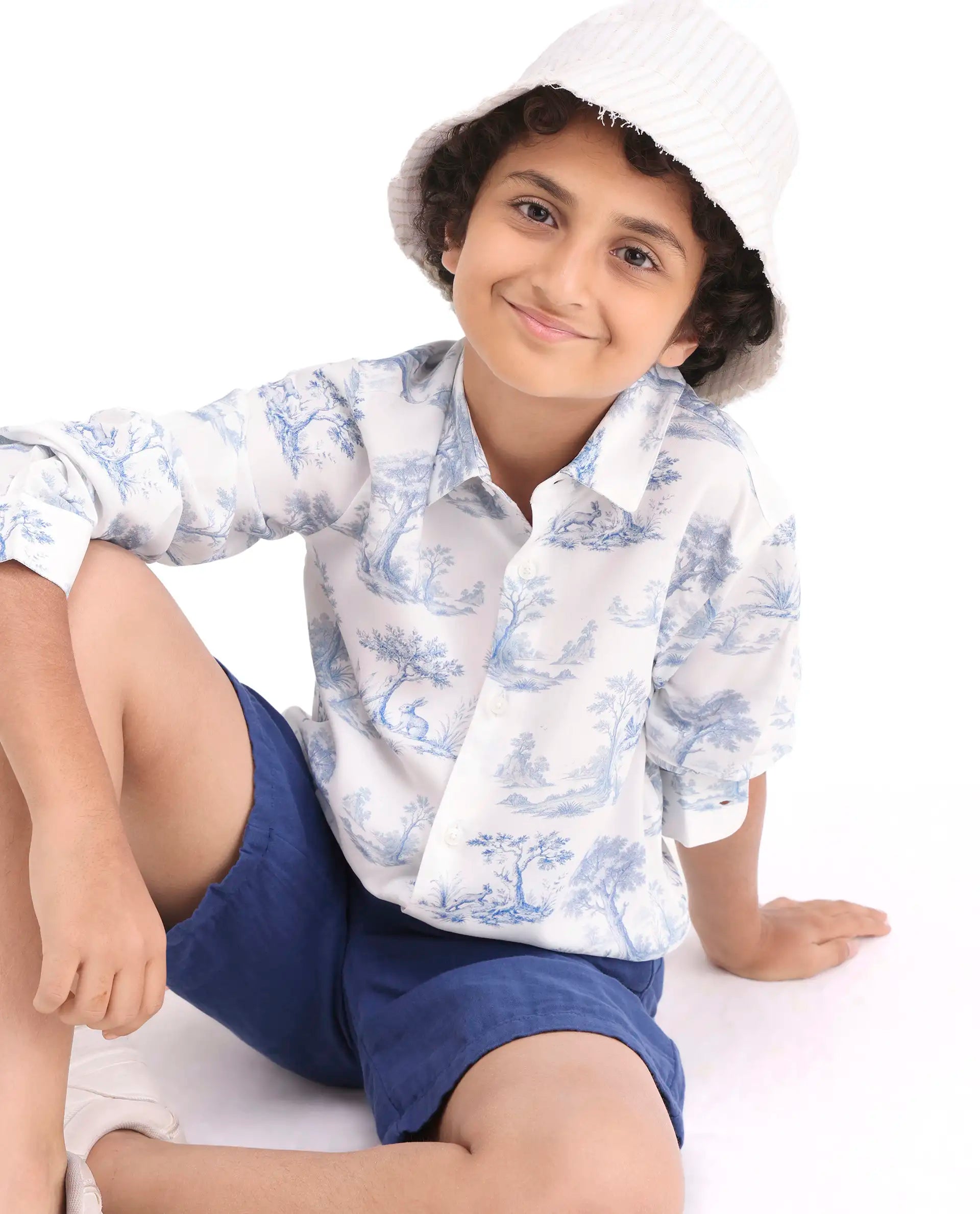 Rare Ones Kids Toile-S Blue Viscose Button Closure Regular Fit Shirt