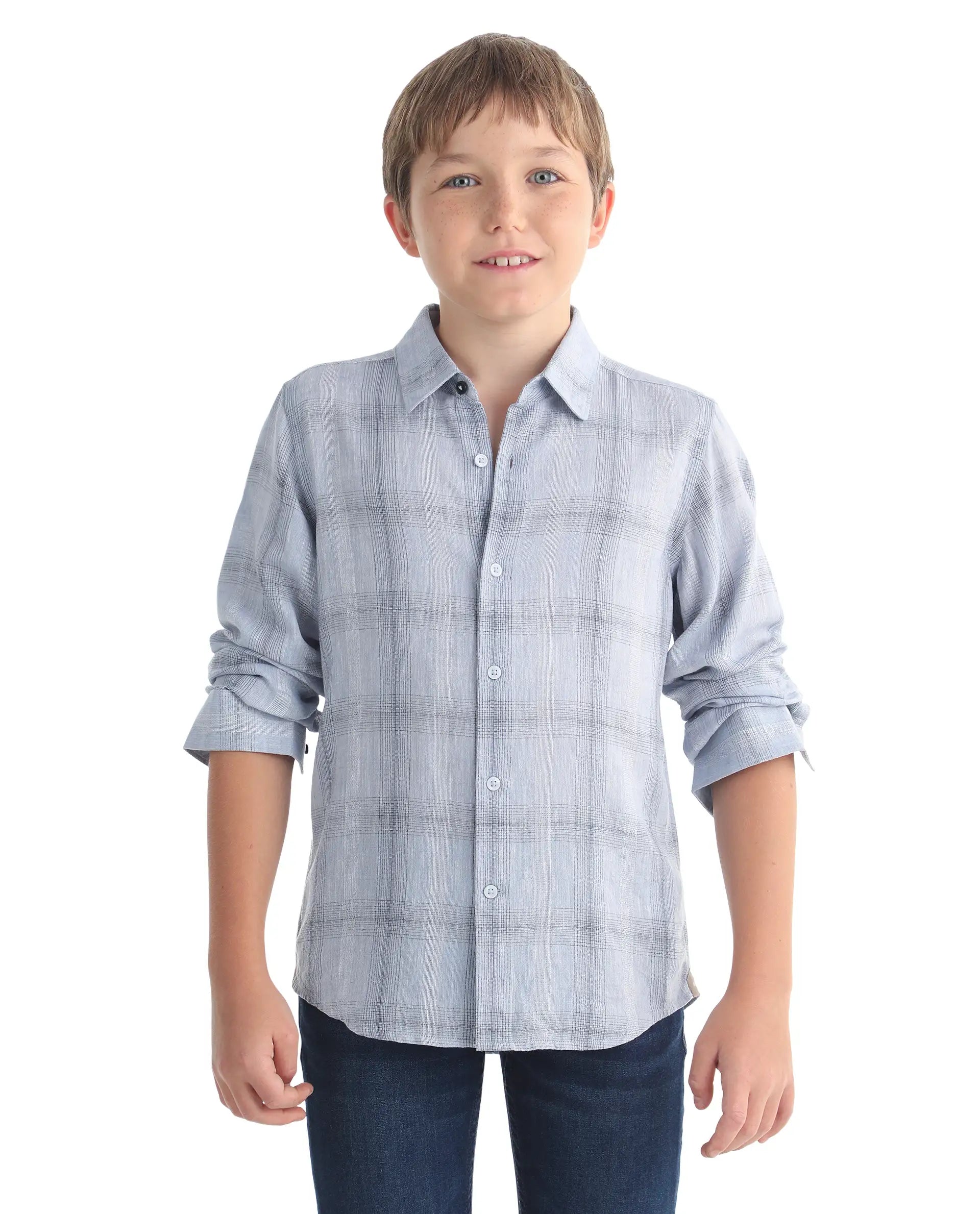 Rare Ones Kids Eamon-26 Blue Linen Blend Button Closure Regular Fit Shirt