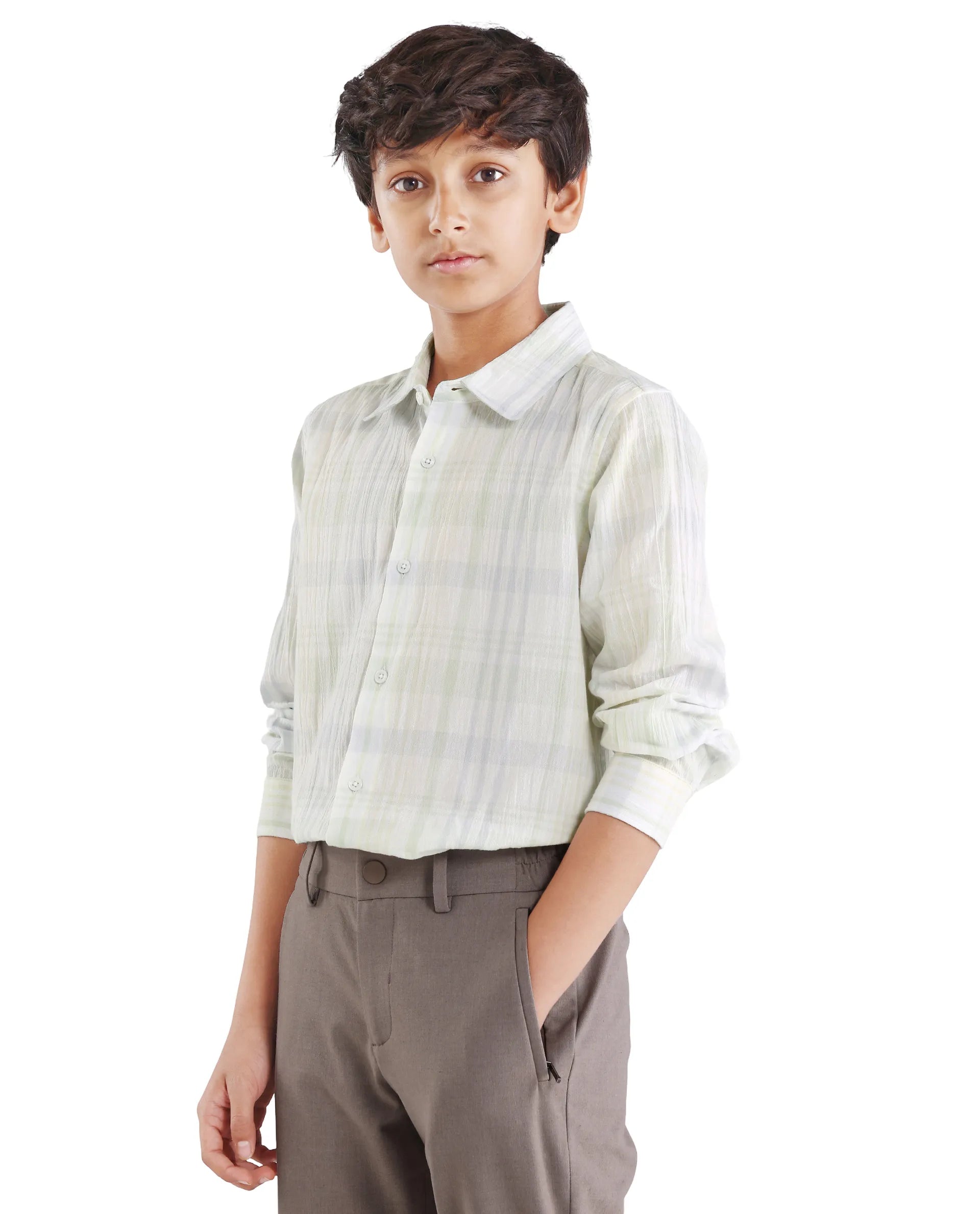 Rare Ones Kids Pinge-26K Pastel Green Cotton Blend Button Closure Regular Fit Shirt