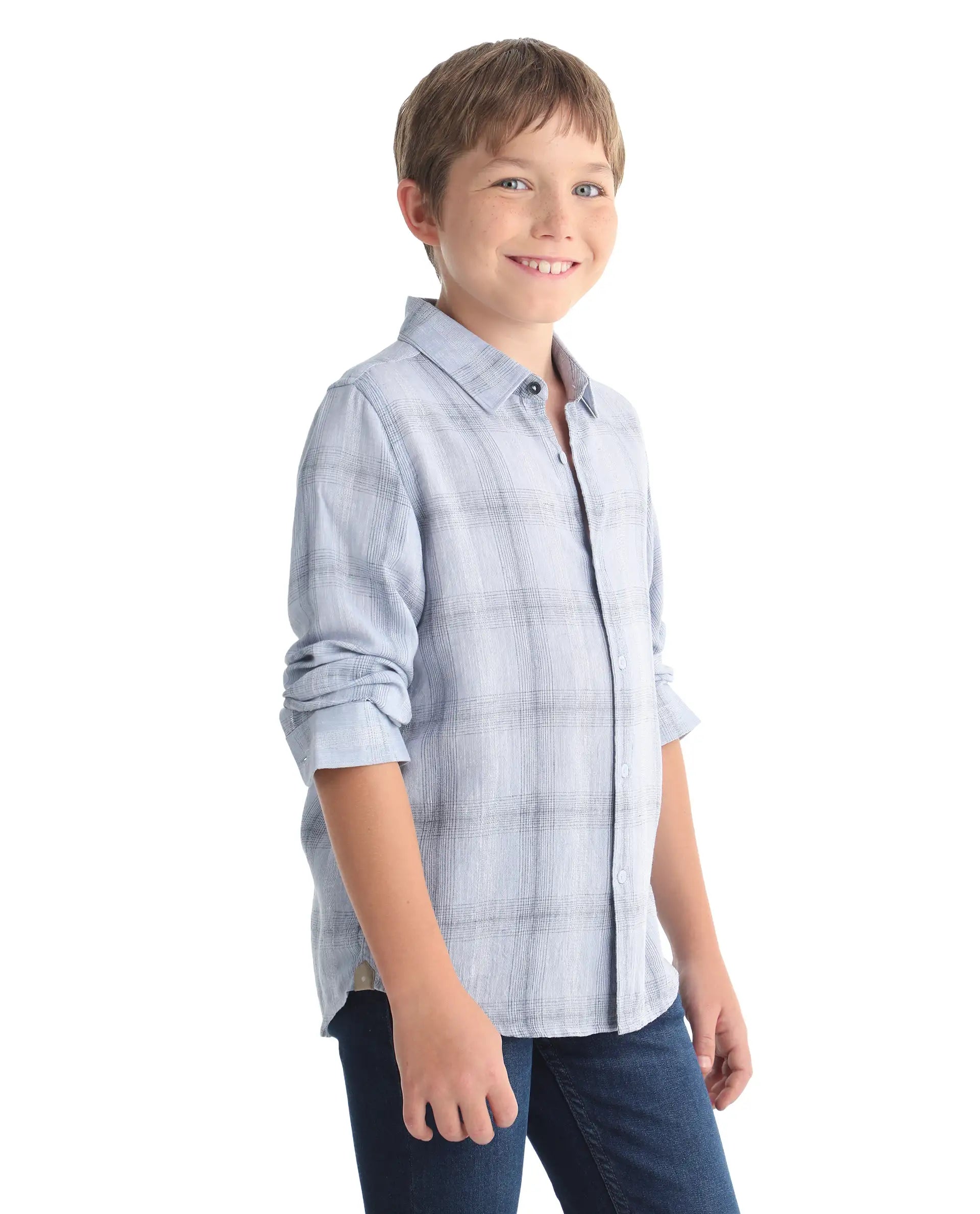 Rare Ones Kids Eamon-26 Blue Linen Blend Button Closure Regular Fit Shirt
