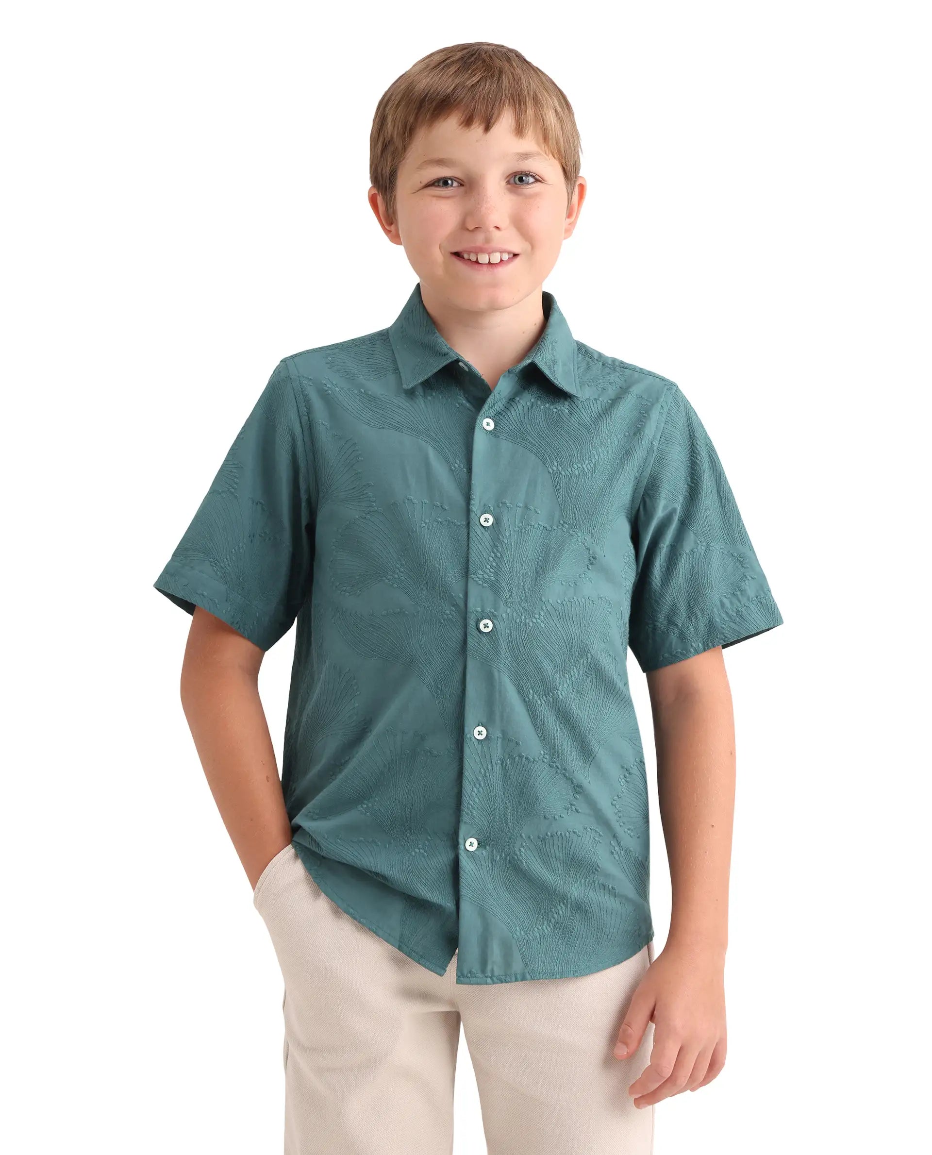 Rare Ones Kids Jaff-K Dusky Green Cotton Fabric Button Closure Regular Fit Shirt