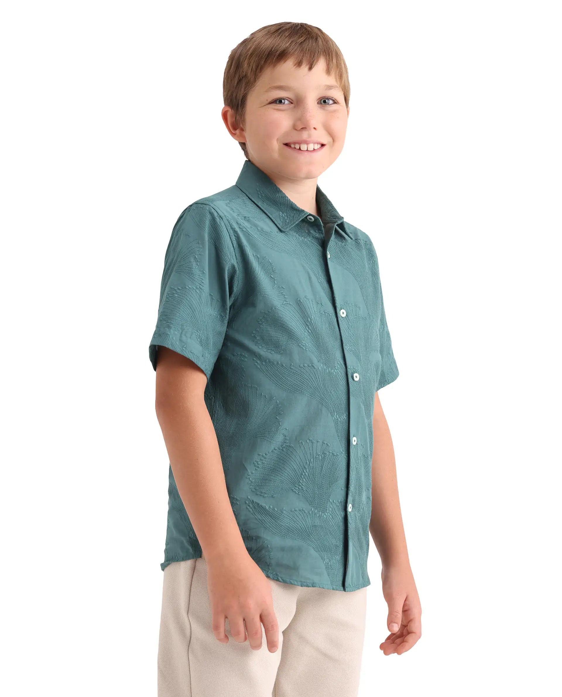 Rare Ones Kids Jaff-K Dusky Green Cotton Fabric Button Closure Regular Fit Shirt