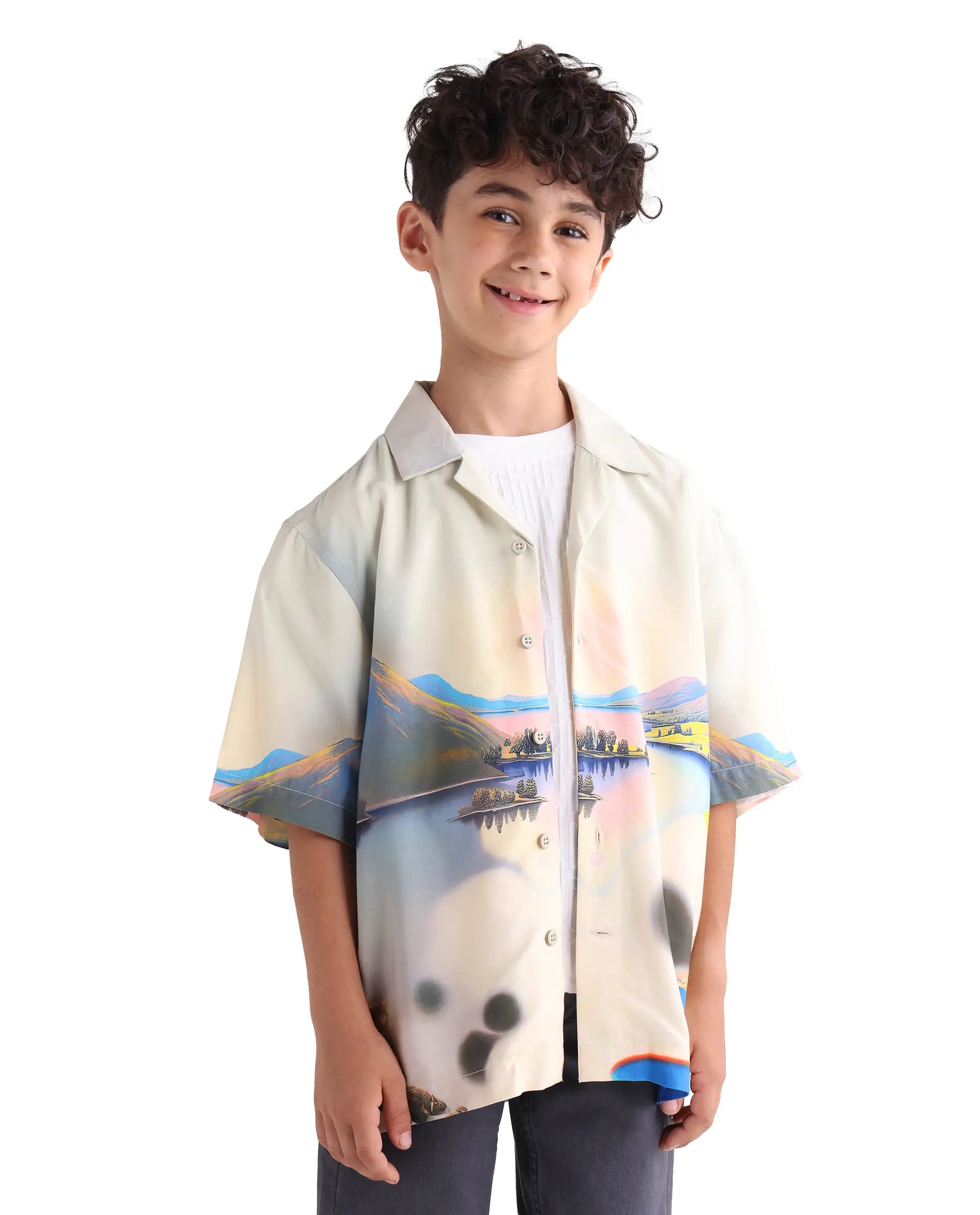 Rare Ones Kids Afix-K Light Yellow Viscose Rayon Fabric Button Closure Digital Print Boxy Fit Shirt