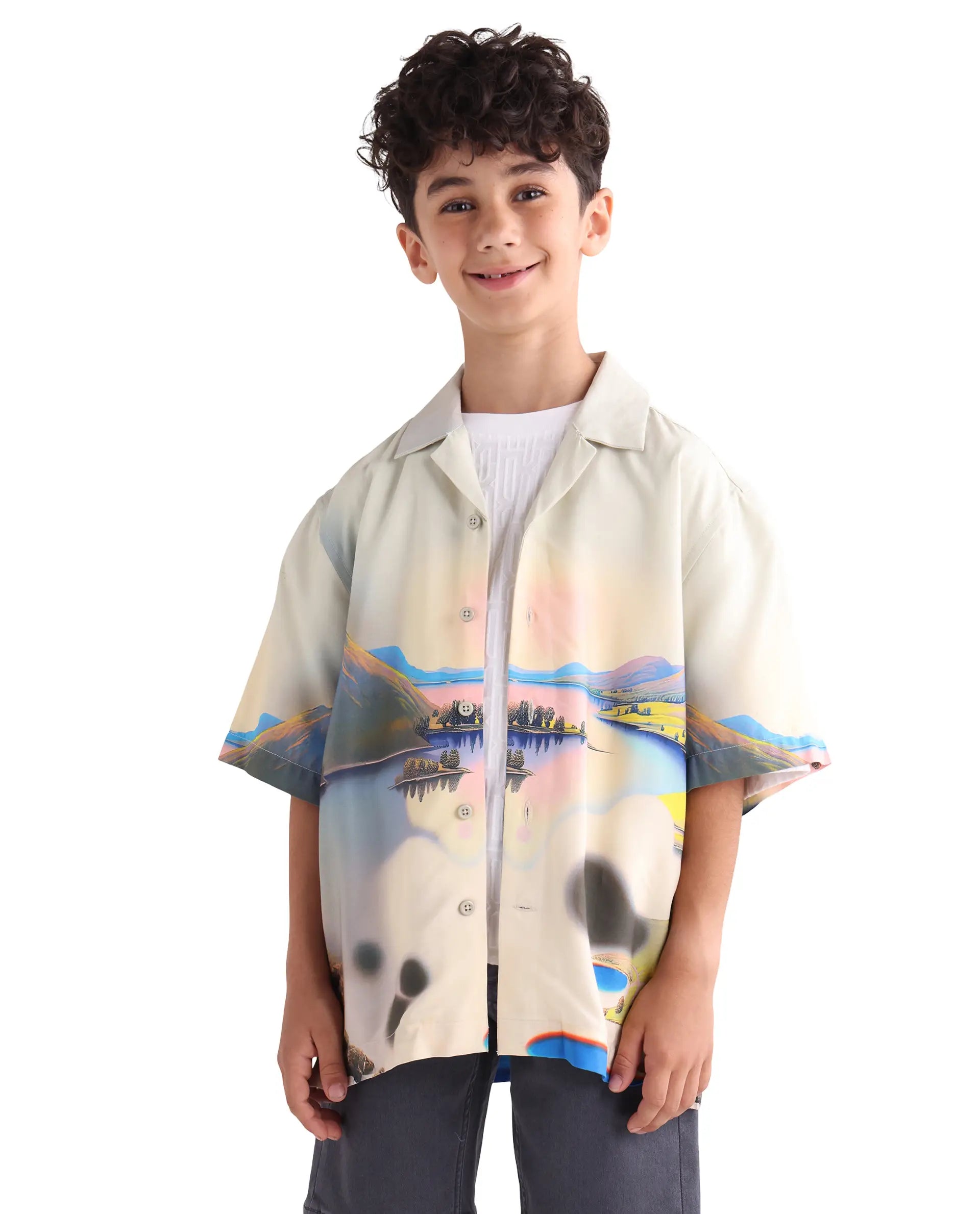 Rare Ones Kids Afix-K Light Yellow Viscose Rayon Fabric Button Closure Digital Print Boxy Fit Shirt