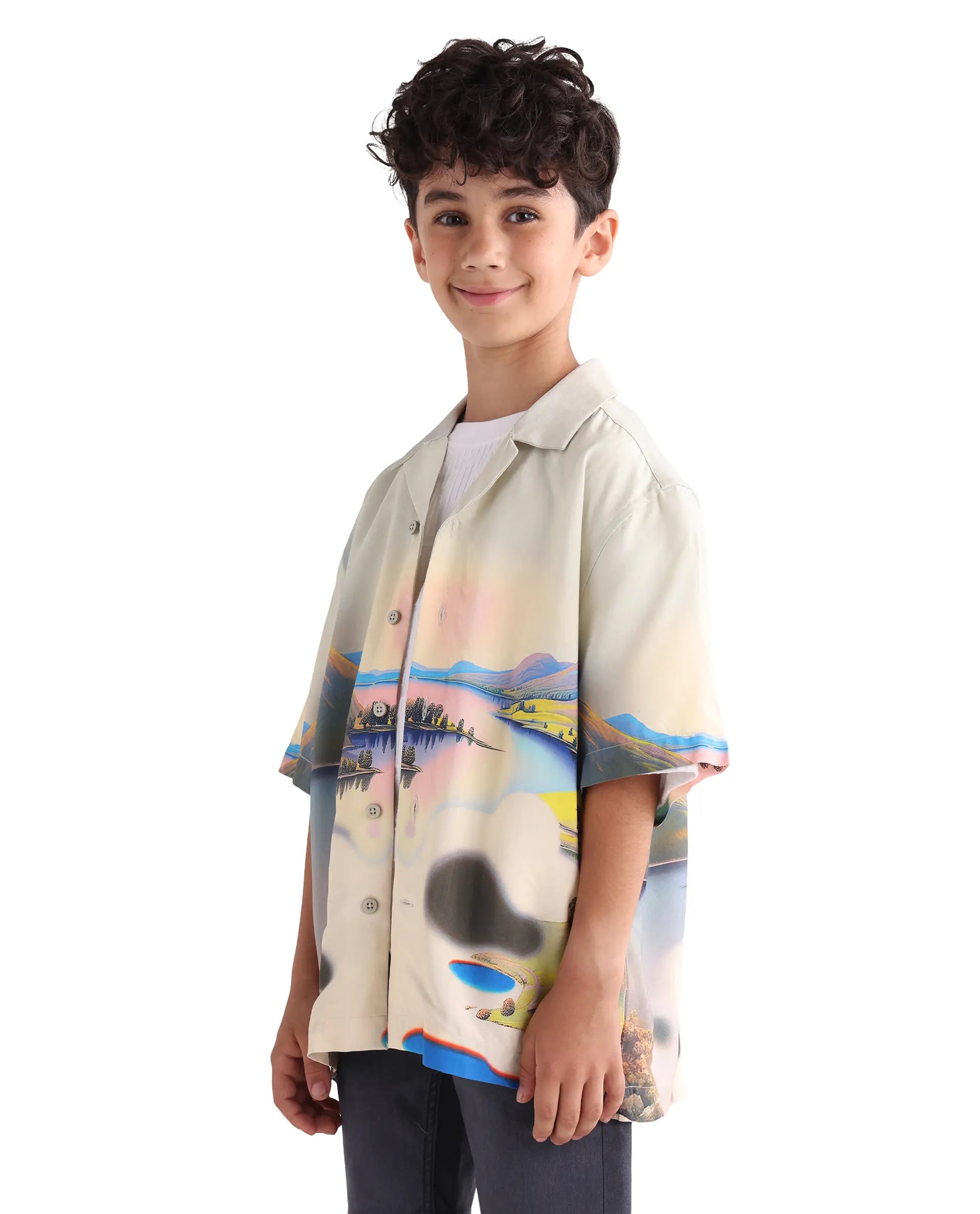 Rare Ones Kids Afix-K Light Yellow Viscose Rayon Fabric Button Closure Digital Print Boxy Fit Shirt