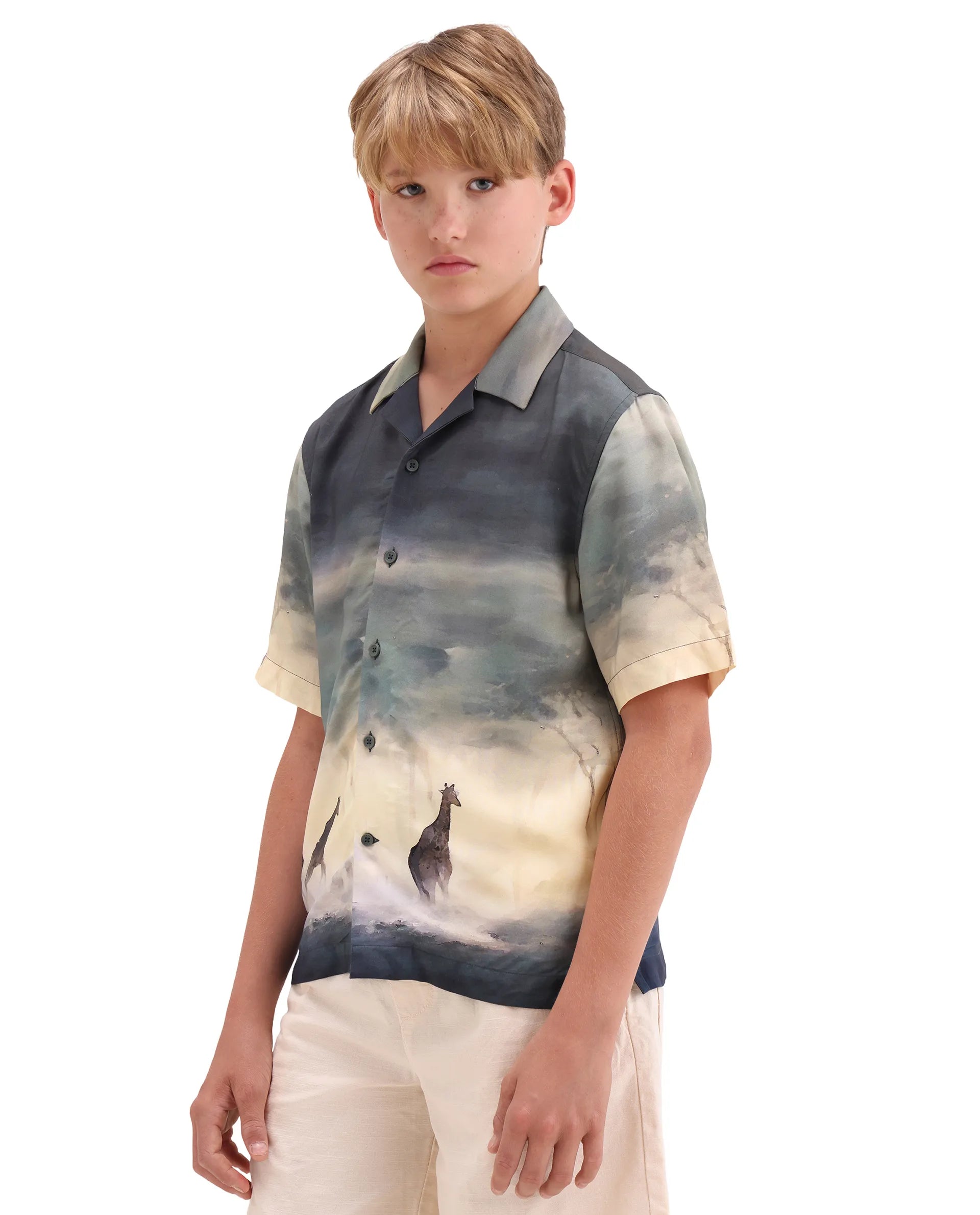 Rare Ones Kids Kenyo-26 Green Viscose Rayon Fabric Button Closure Boxy Fit Shirt
