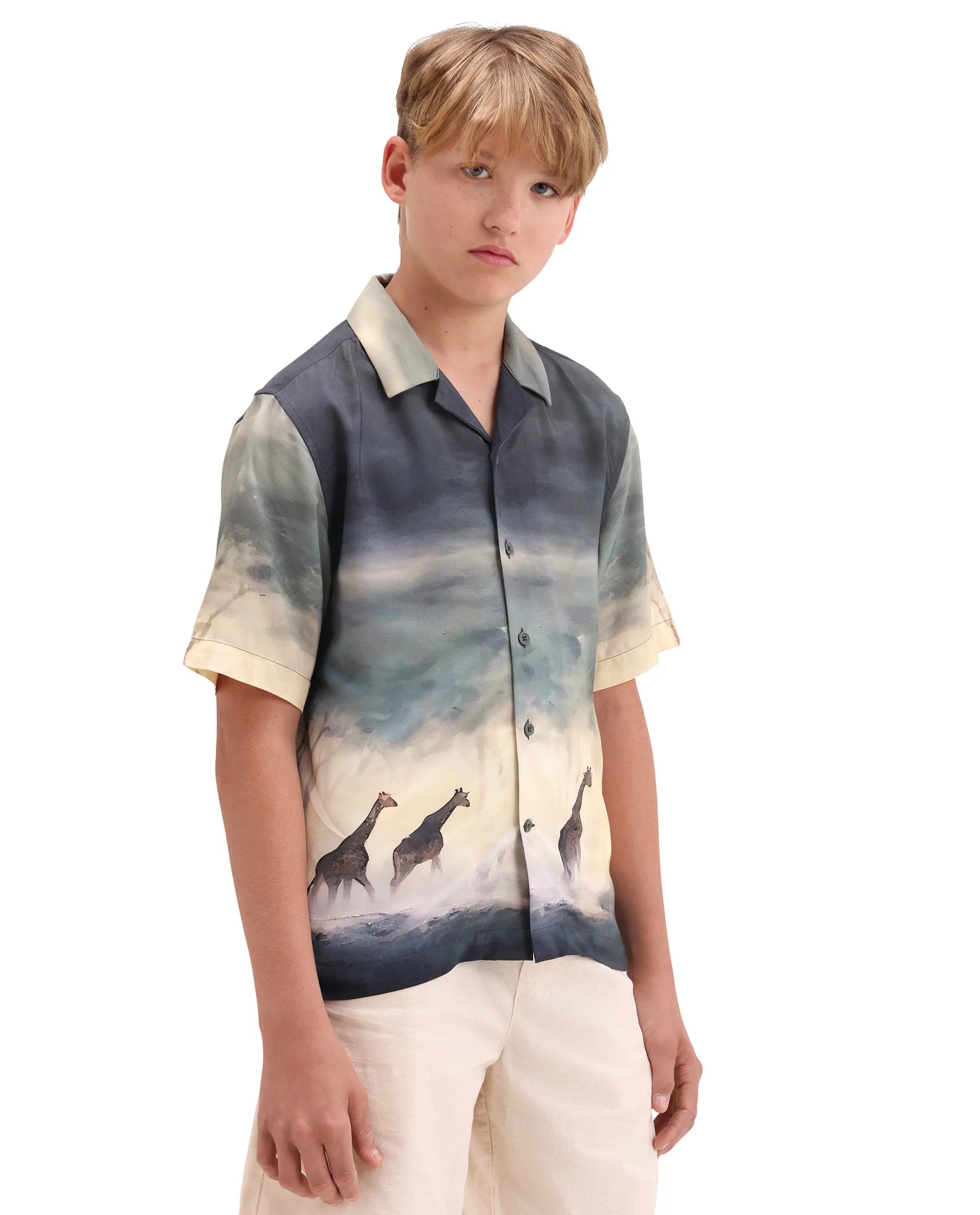 Rare Ones Kids Kenyo-26 Green Viscose Rayon Fabric Button Closure Boxy Fit Shirt