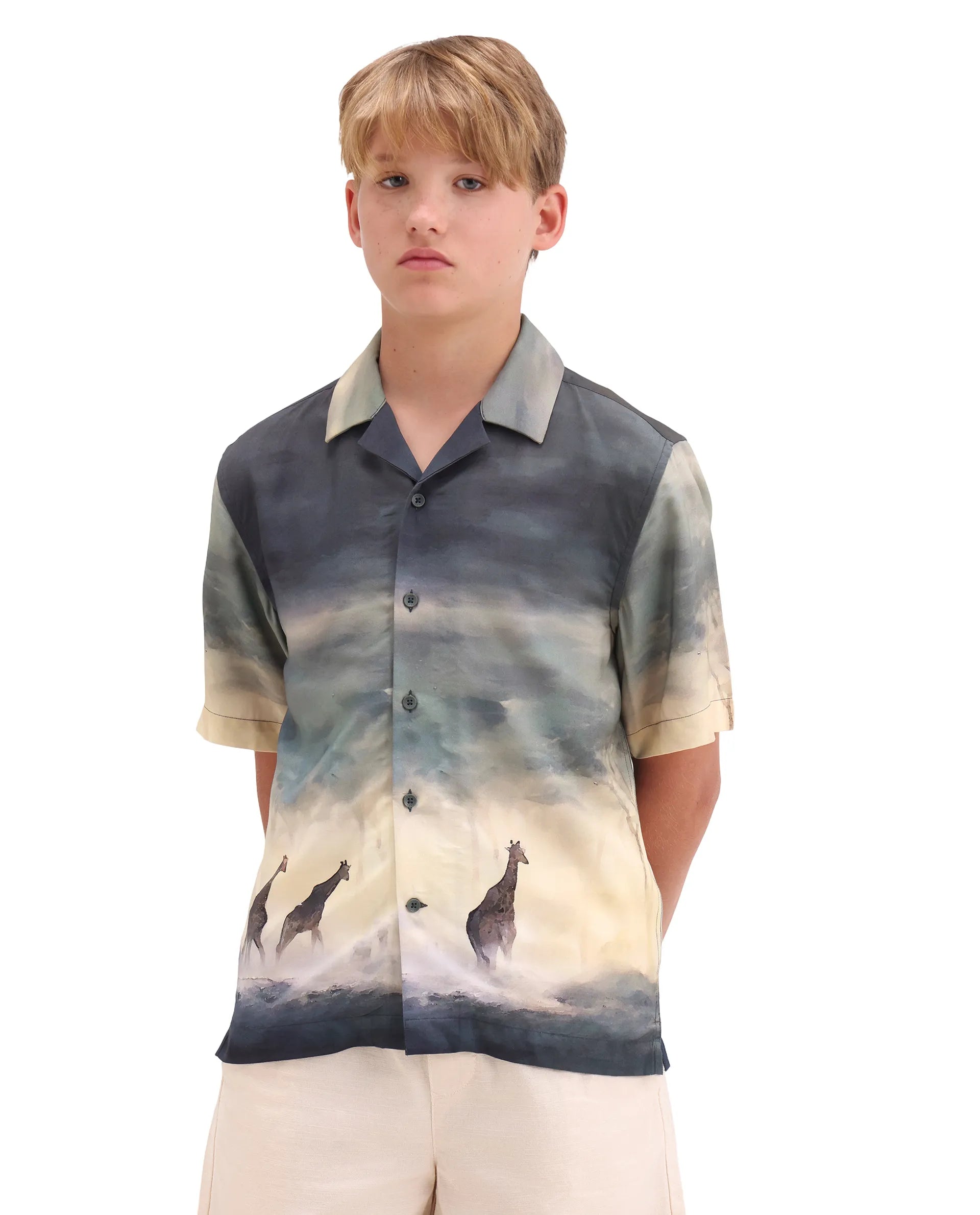Rare Ones Kids Kenyo-26 Green Viscose Rayon Fabric Button Closure Boxy Fit Shirt