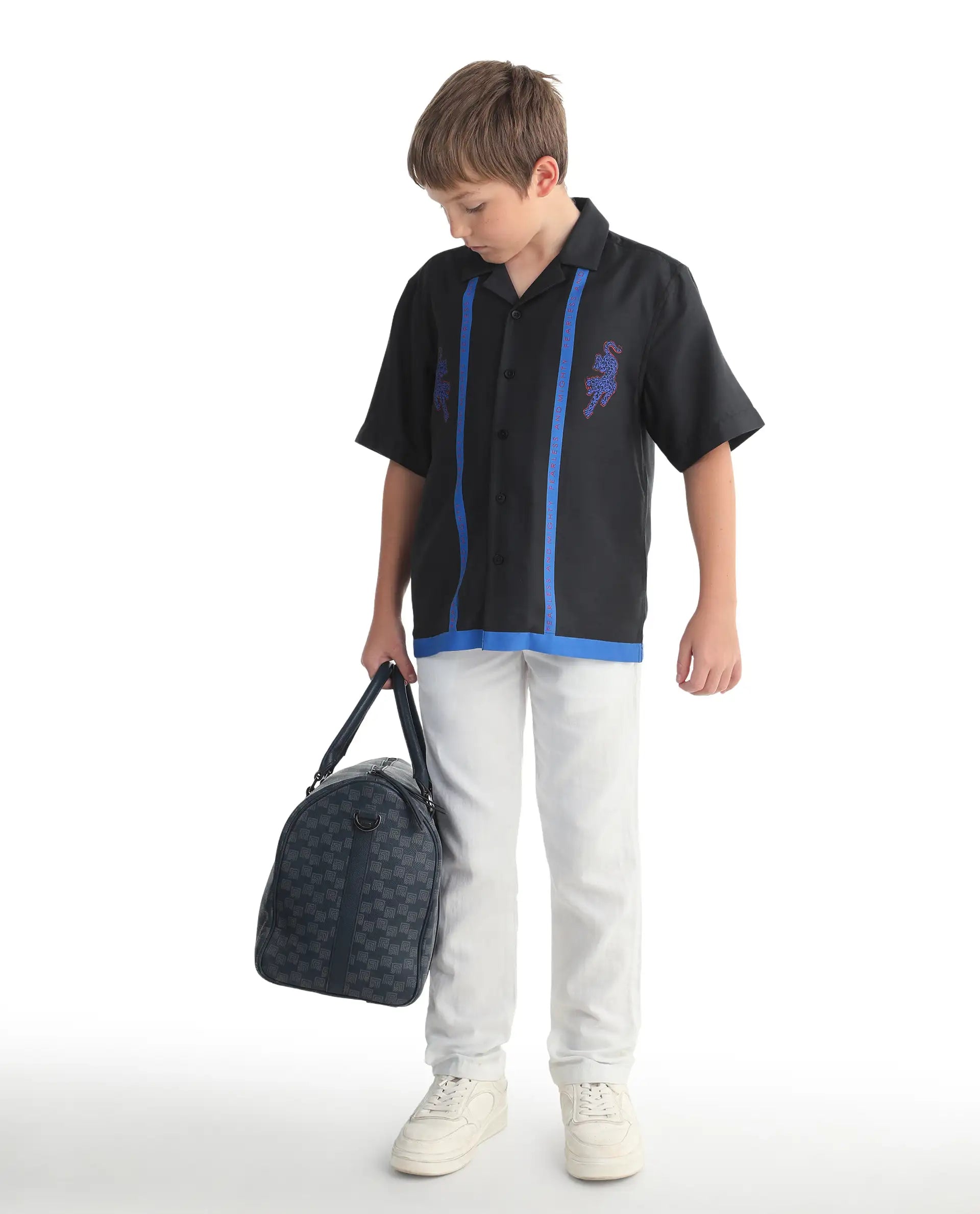 Rare Ones Kids Argo Black Cotton Blend Fabric Button Closure Boxy Fit Shirt