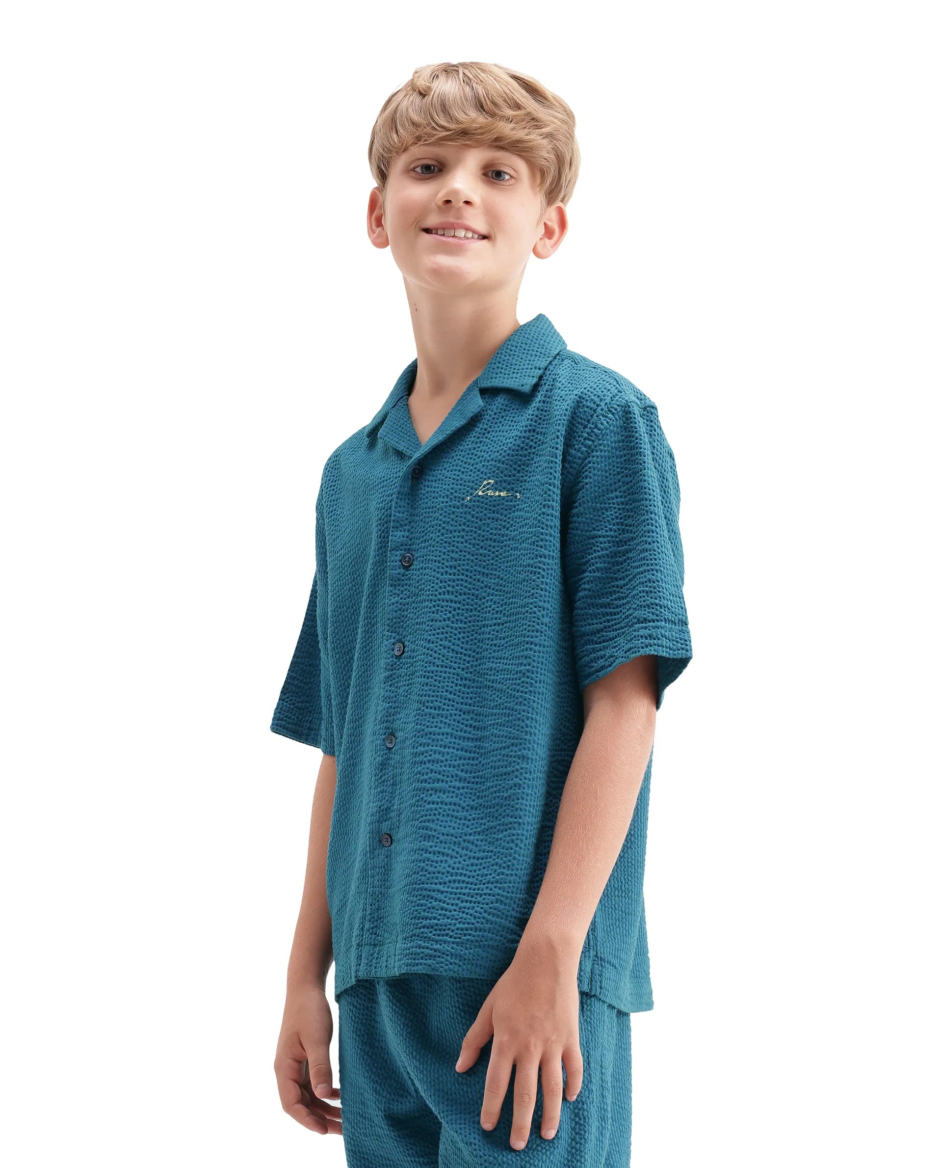 Rare Ones Kids Tesso-S Dark Turq Cotton Fabric Button Closure Regular Fit Shirt