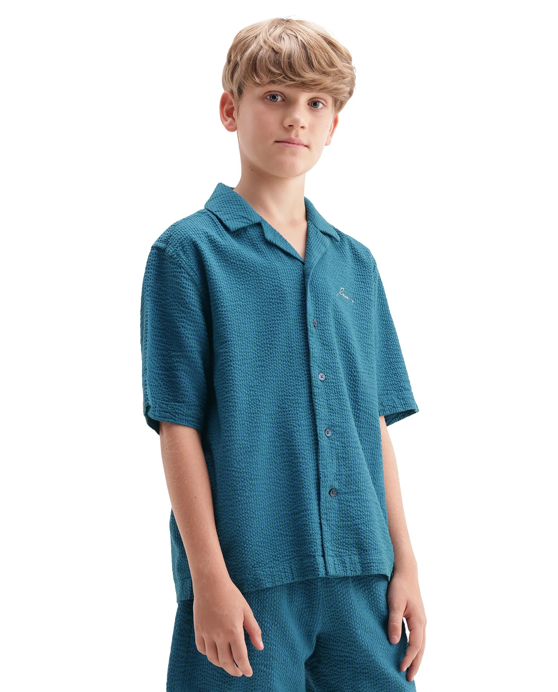 Rare Ones Kids Tesso-S Dark Turq Cotton Fabric Button Closure Regular Fit Shirt