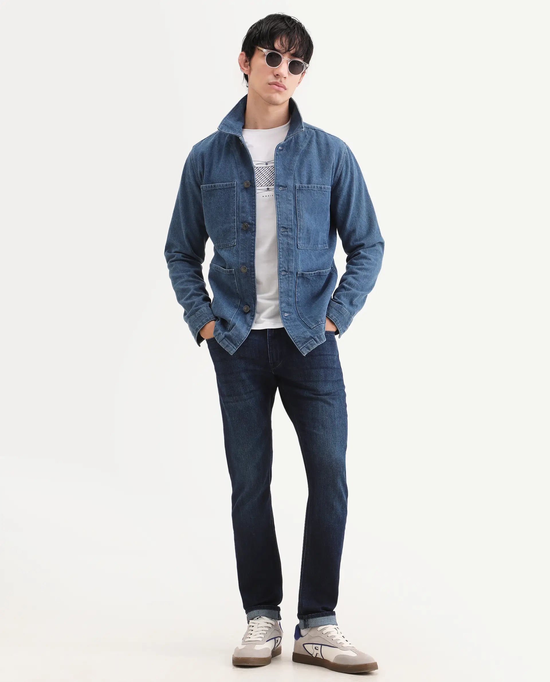 Rare Rabbit Men's Samm Dark Blue Cotton Blend Fabric Hawk Slim Fit Jeans