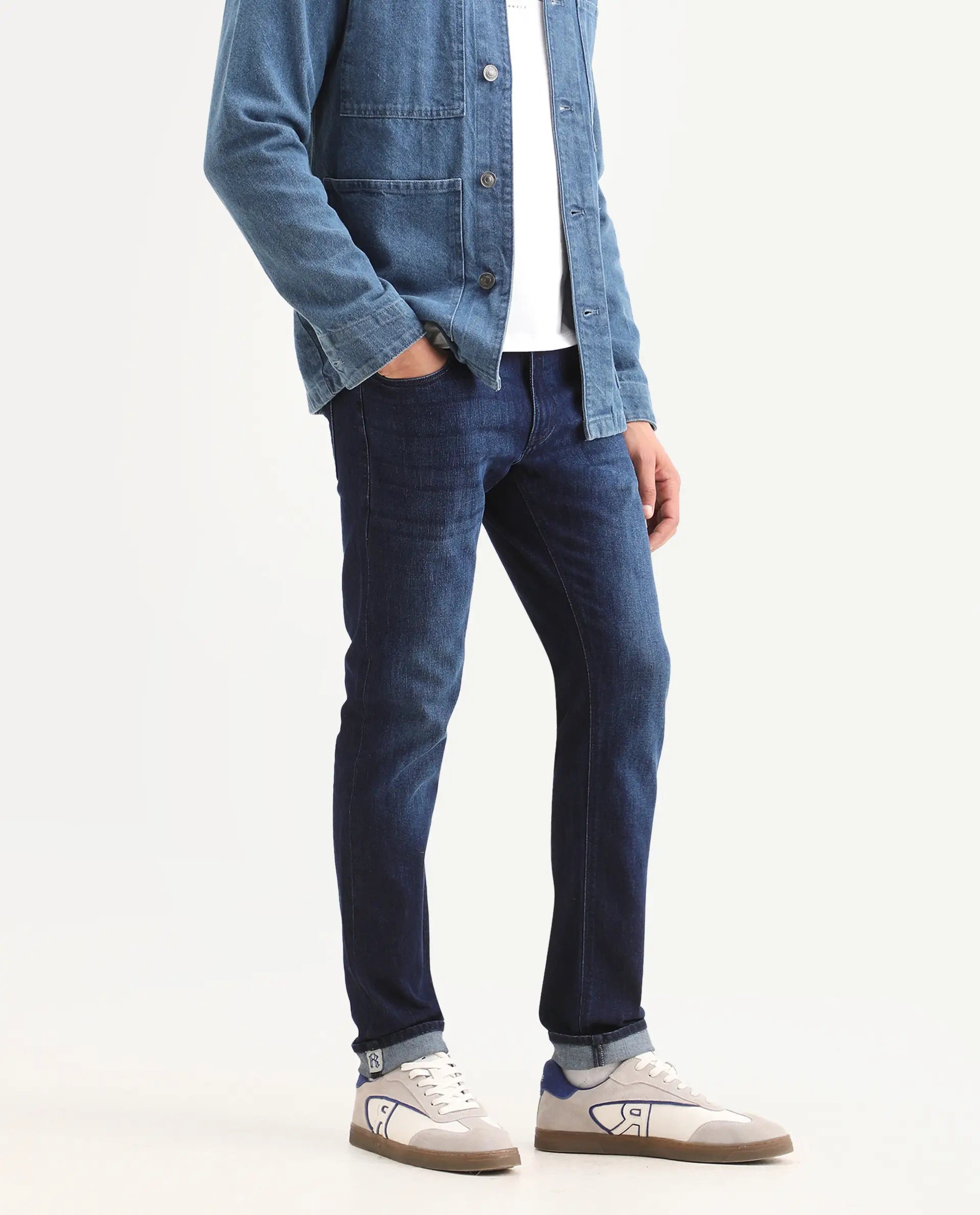 Rare Rabbit Men's Samm Dark Blue Cotton Blend Fabric Hawk Slim Fit Jeans