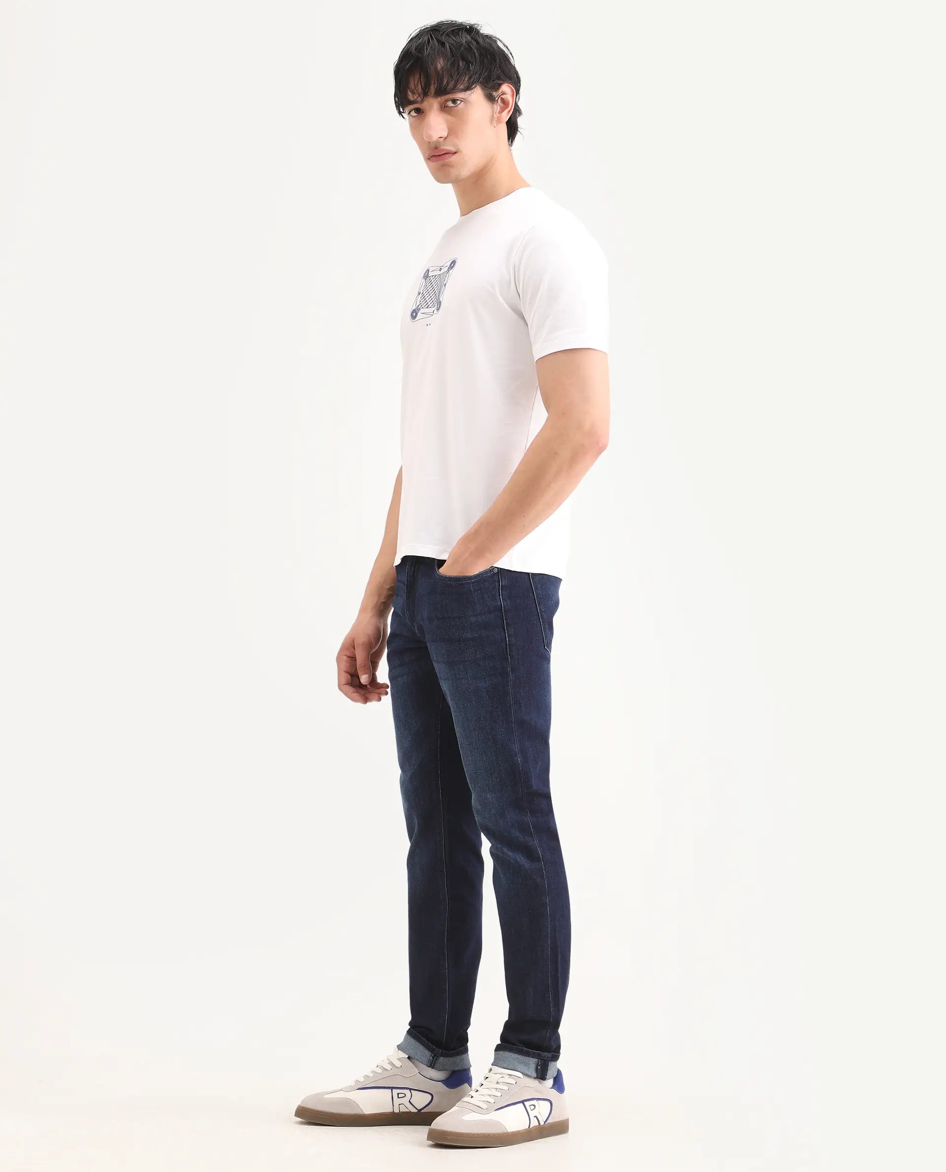 Rare Rabbit Men's Samm Dark Blue Cotton Blend Fabric Hawk Slim Fit Jeans