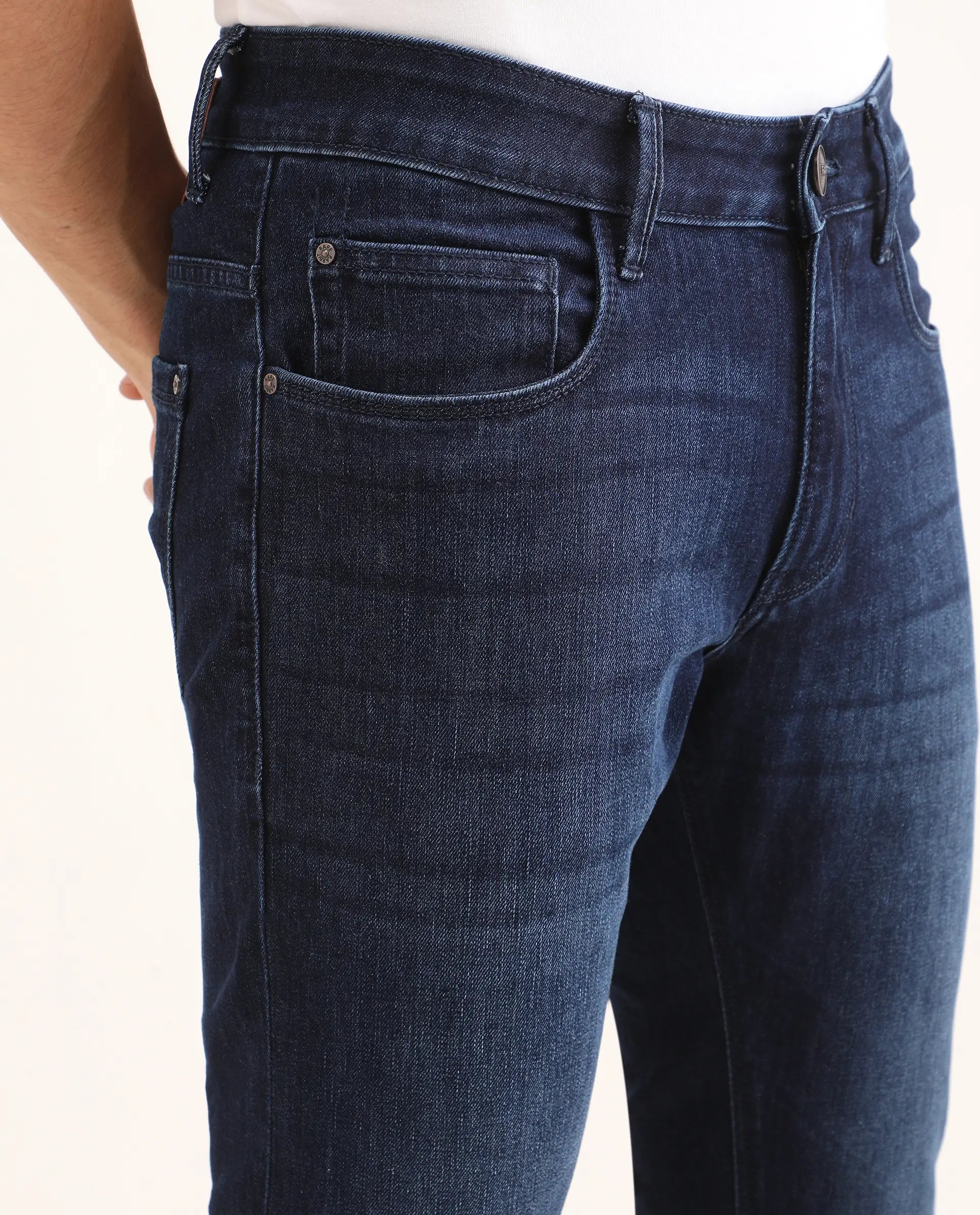 Rare Rabbit Men's Samm Dark Blue Cotton Blend Fabric Hawk Slim Fit Jeans